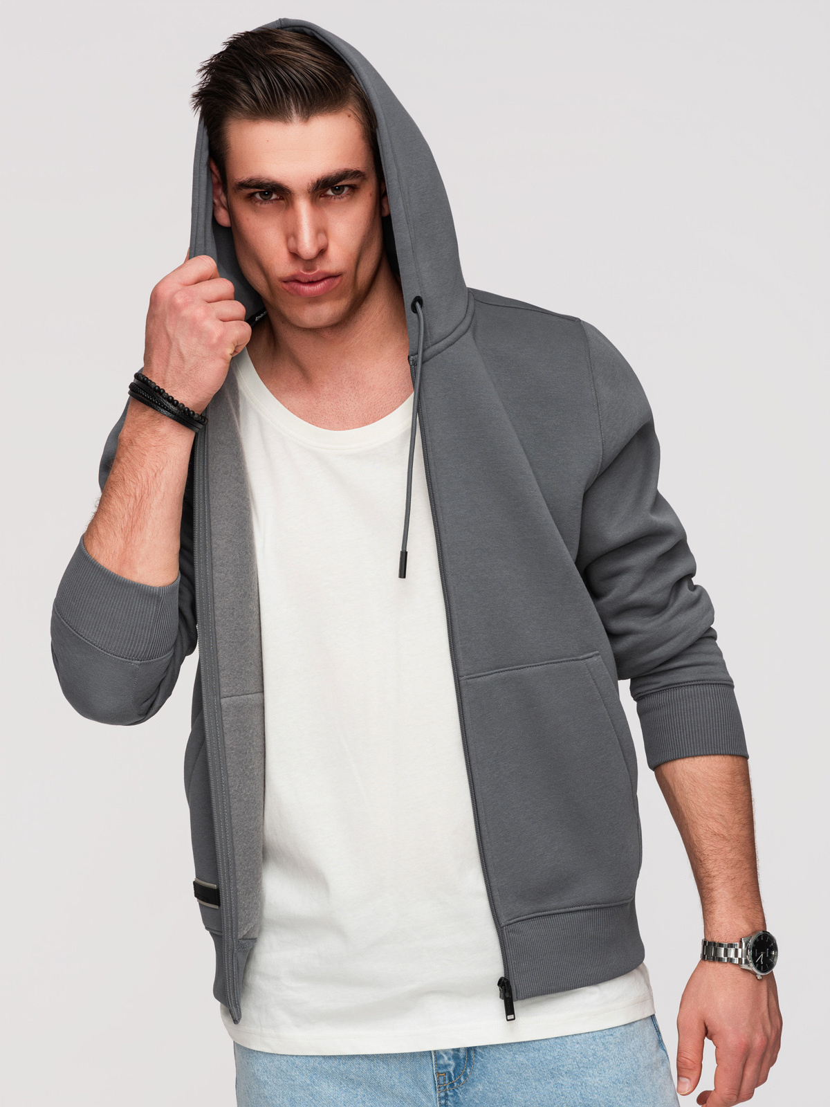 Rozpinana męska dresowa bluza BASIC – grafitowa V11 - Rozmiar: L
