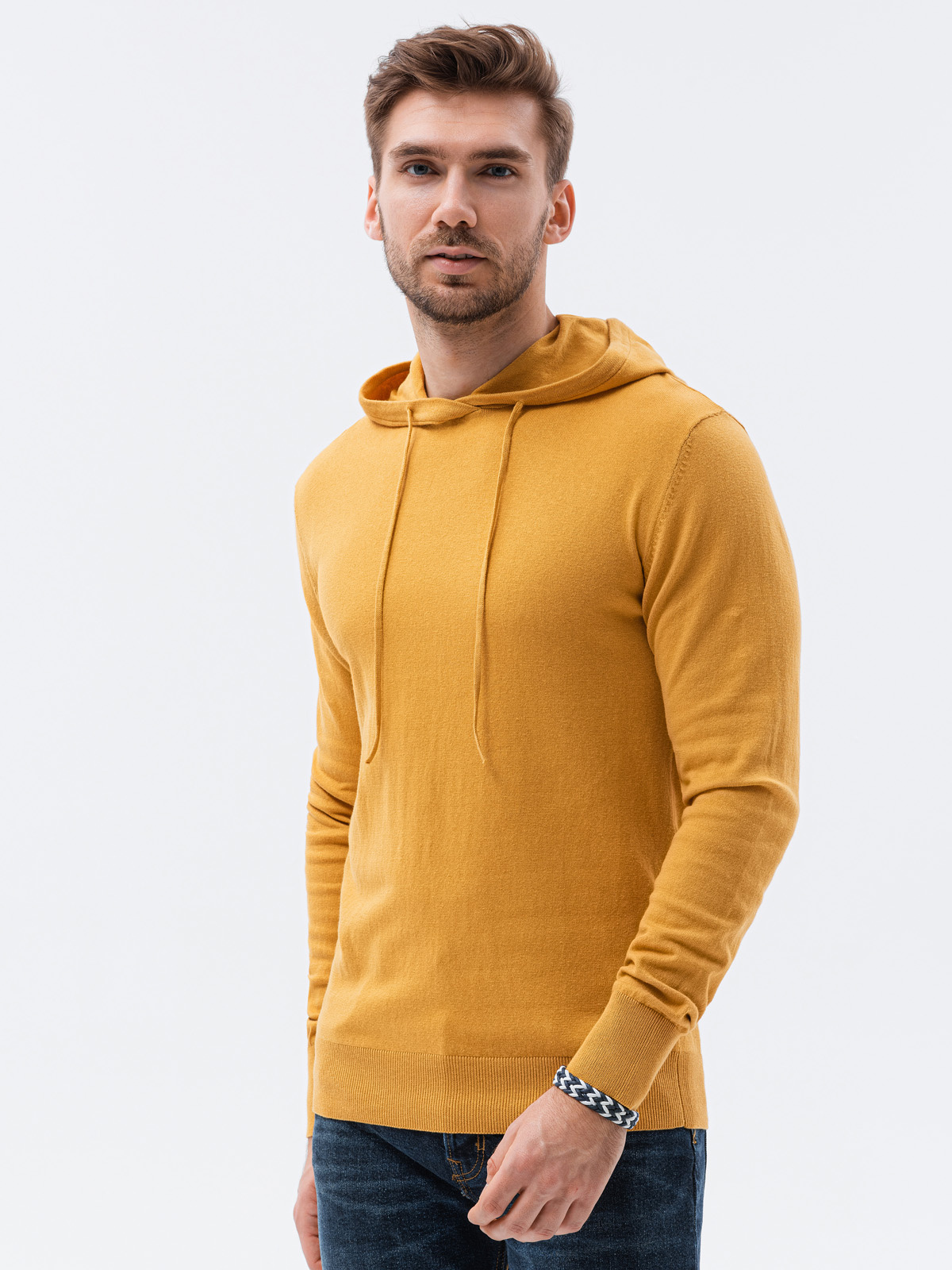 Sweter męski z kapturem - musztardowy V4 - Rozmiar: XXL
