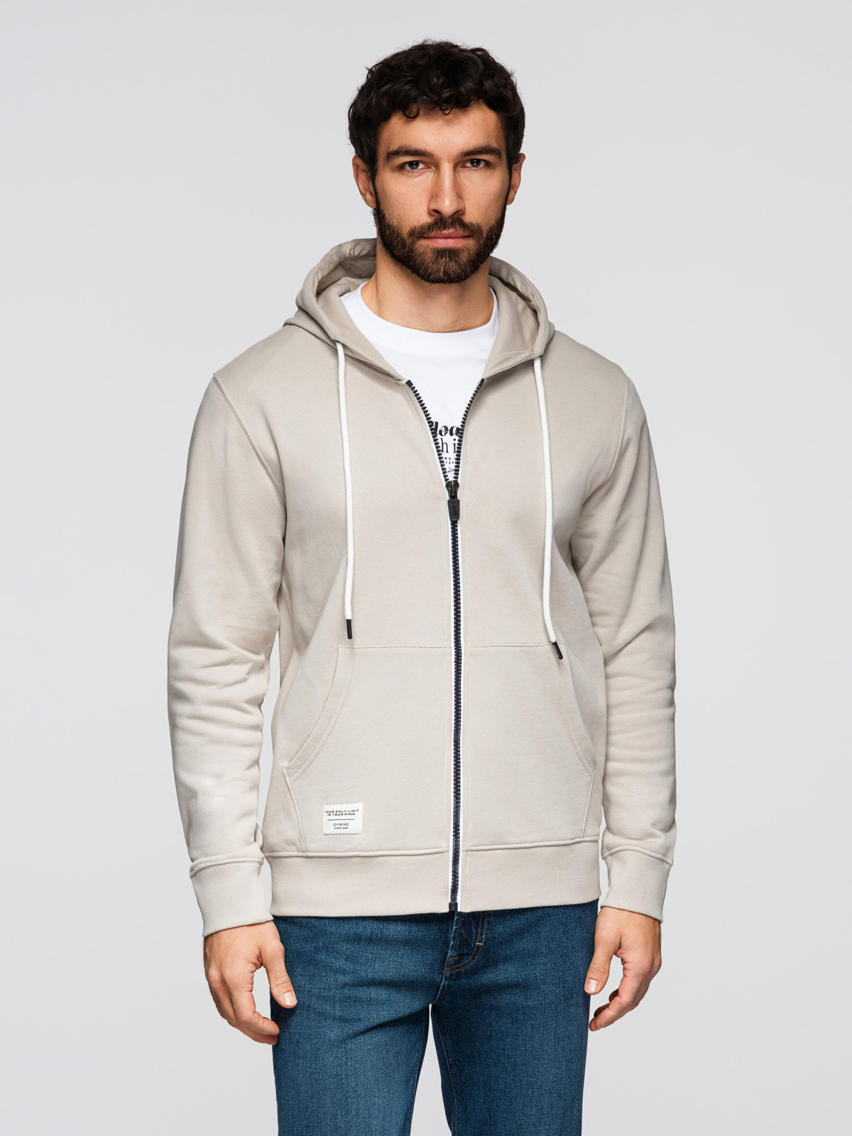 Bluza męska bawełniana dresowa BASIC rozpinana z kapturem - jasnobeżowa V1