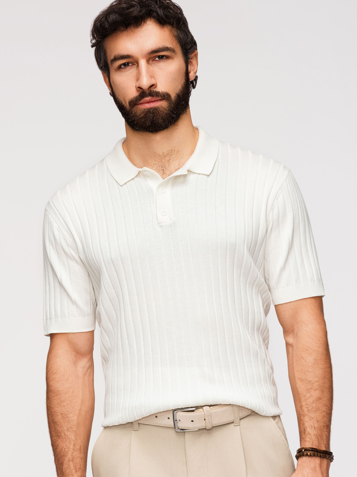 Męska koszulka polo z wiskozą SLIM FIT w pionowy prążek – złamana biel V3 - Rozmiar: XXL