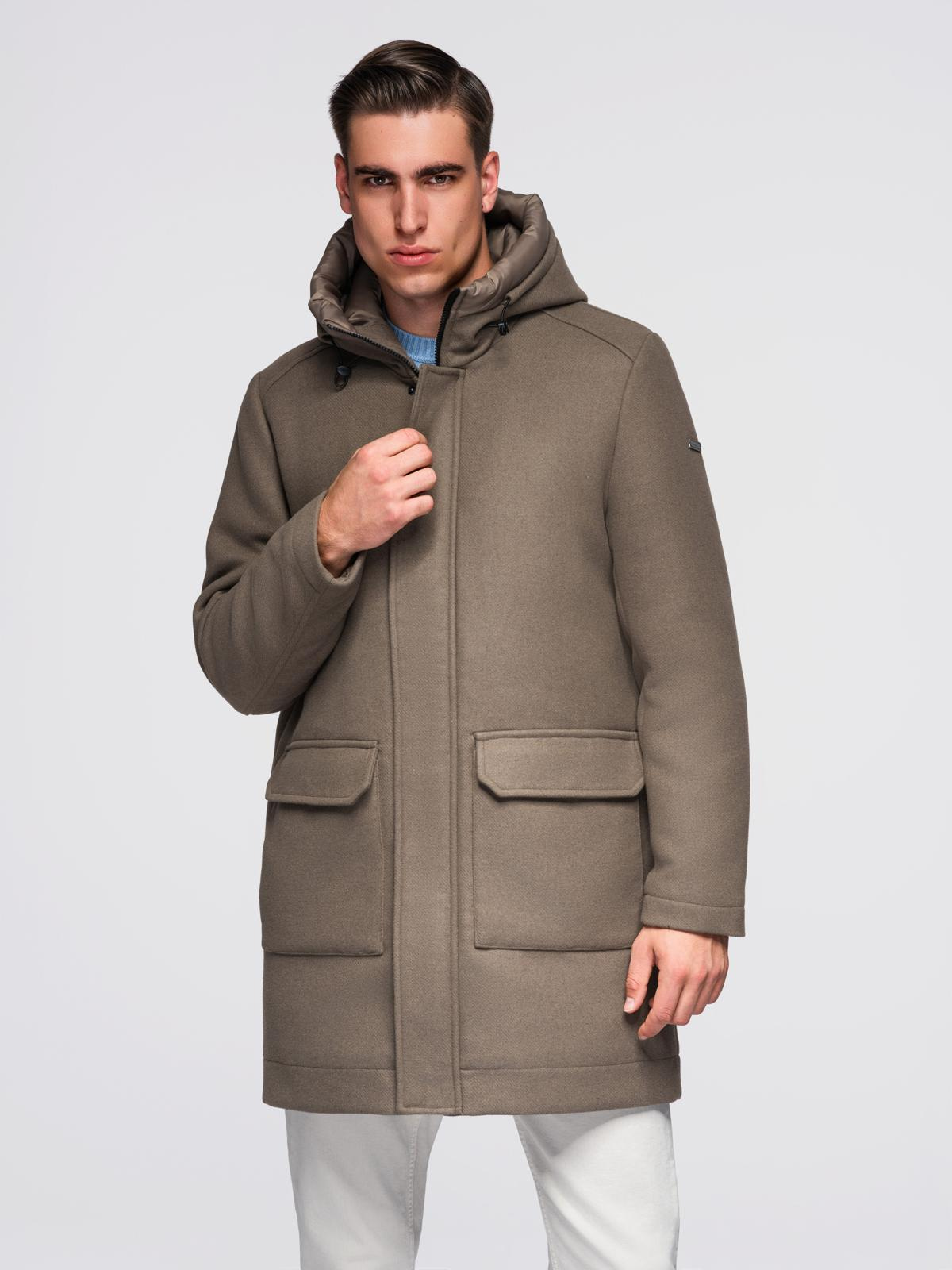 Męski płaszcz parka z wełną i kapturem - khaki V2 - Rozmiar: L
