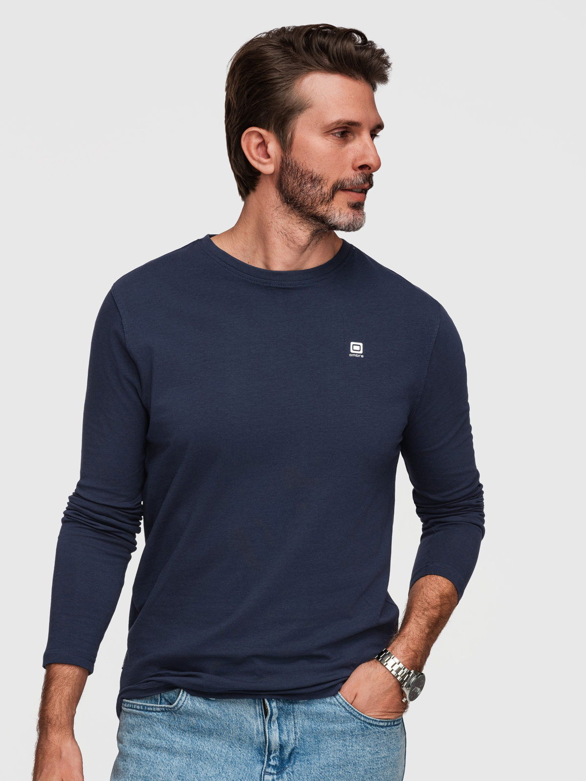 Longsleeve męski z elastanem sygnowany z okrągłym dekoltem - granatowy V2 - Rozmiar: L