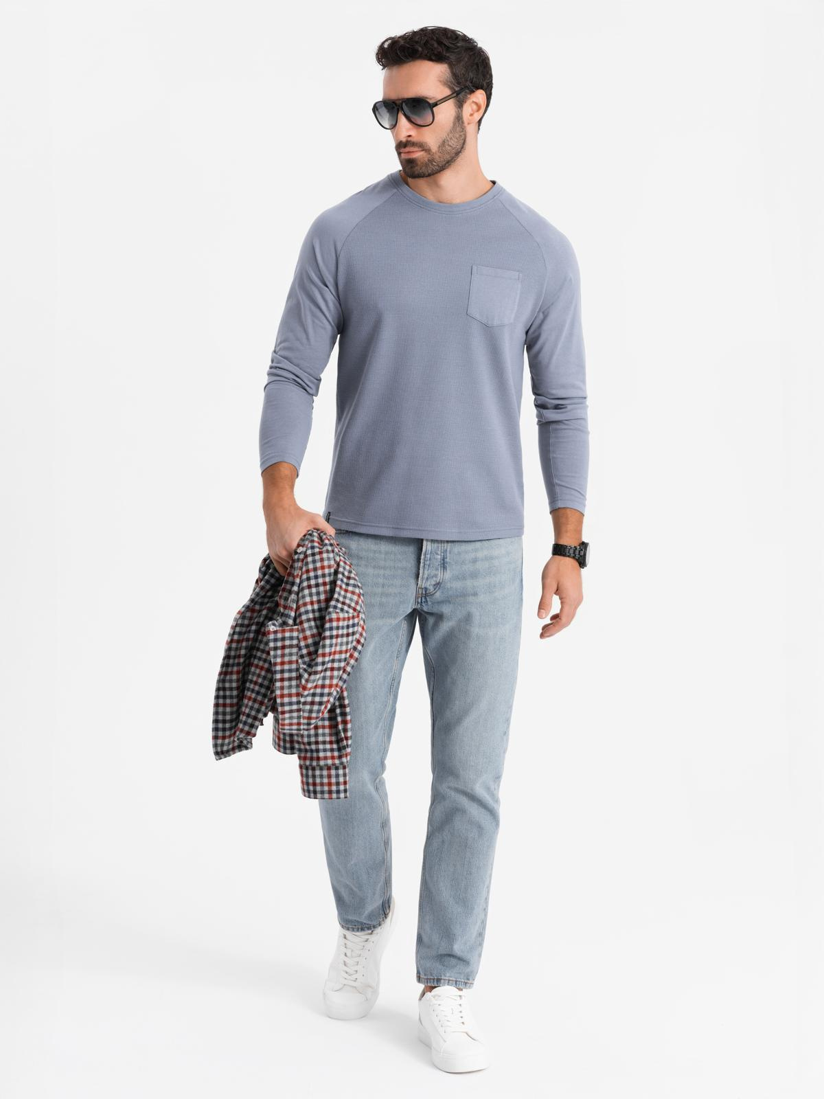 Longsleeve męski bawełniany o waflowym splocie z kieszonką – niebieski denim V8 - Rozmiar: L