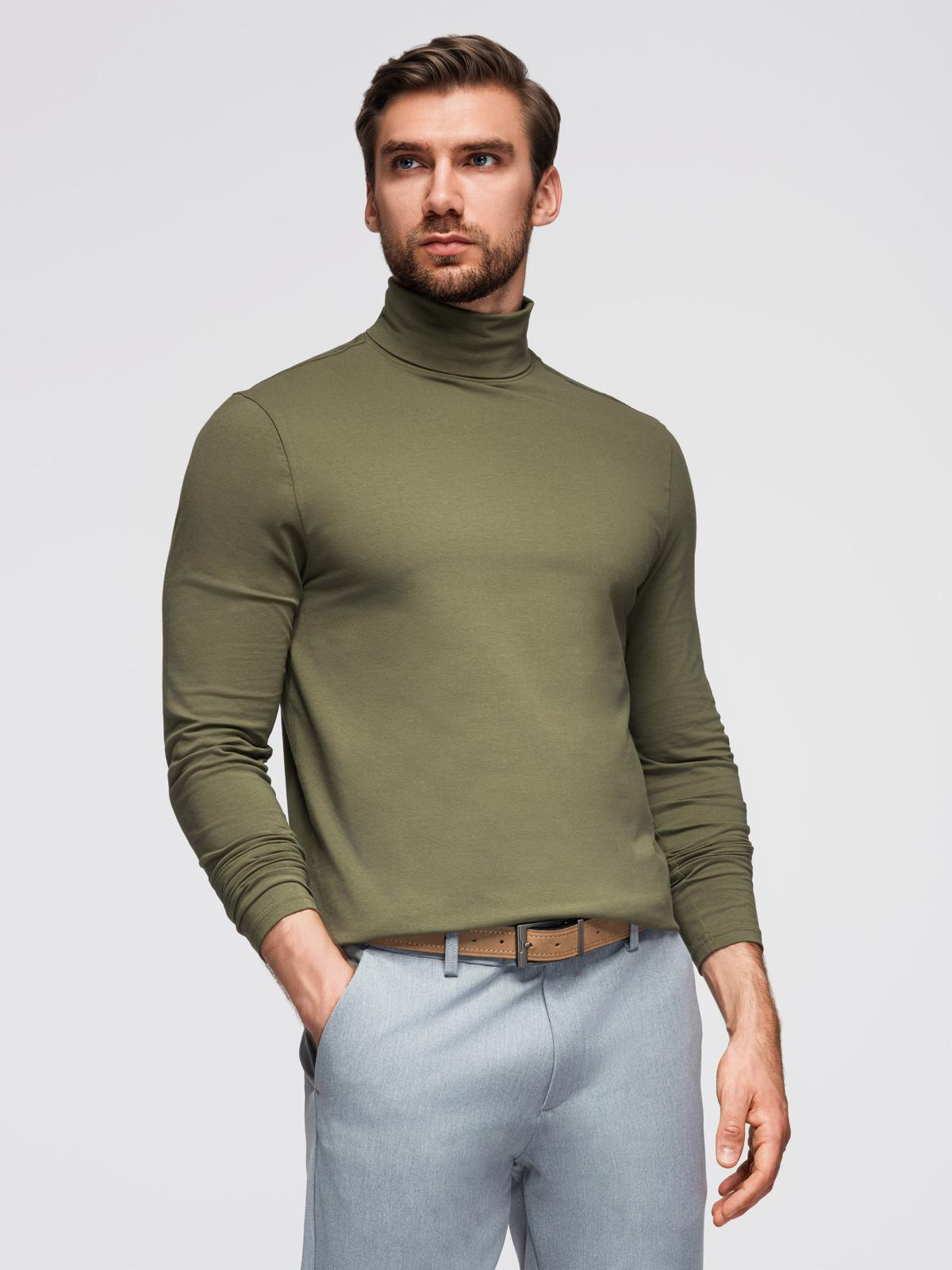 Longsleeve męski gładki z golfem - ciemnooliwkowy V4 - Rozmiar: S