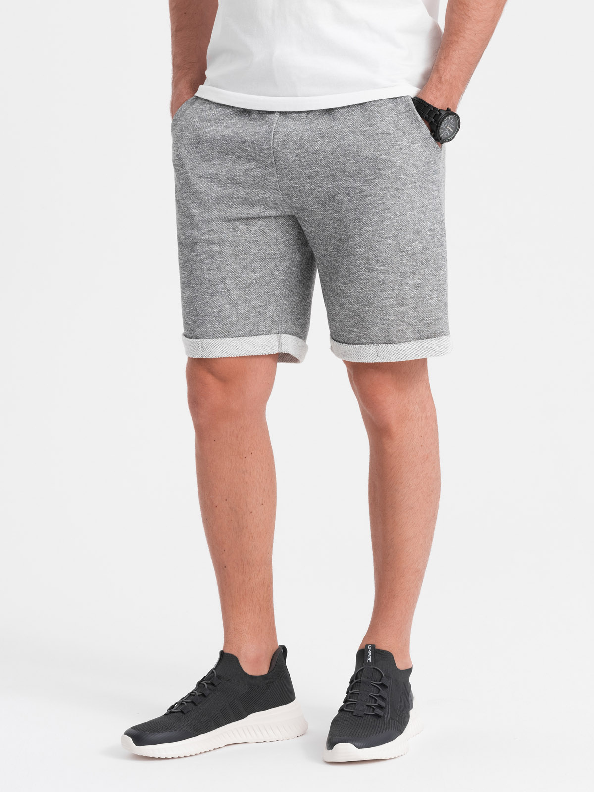 Spodenki męskie z tkaniny melanżowej LOOSE FIT - szare V6 - Rozmiar: XXL