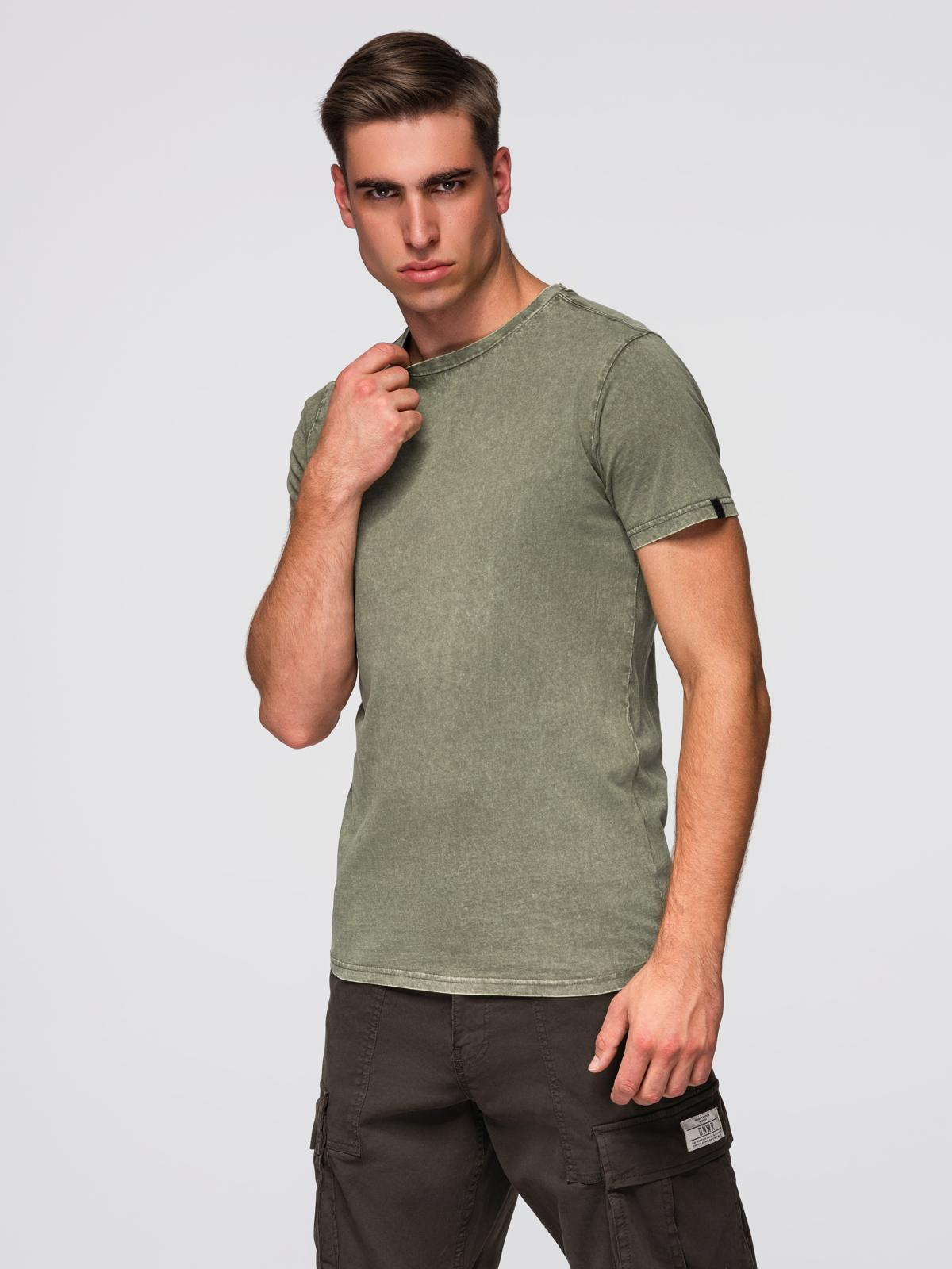 Męski t-shirt z efektem sprania – oliwkowy V4