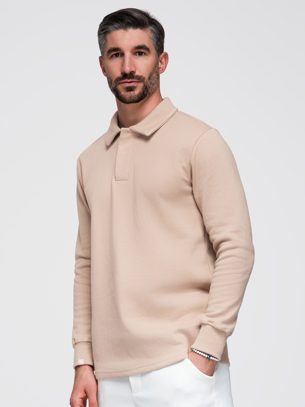 Bluza męska z kołnierzykiem polo ze strukturalnej dzianiny - beżowa V2