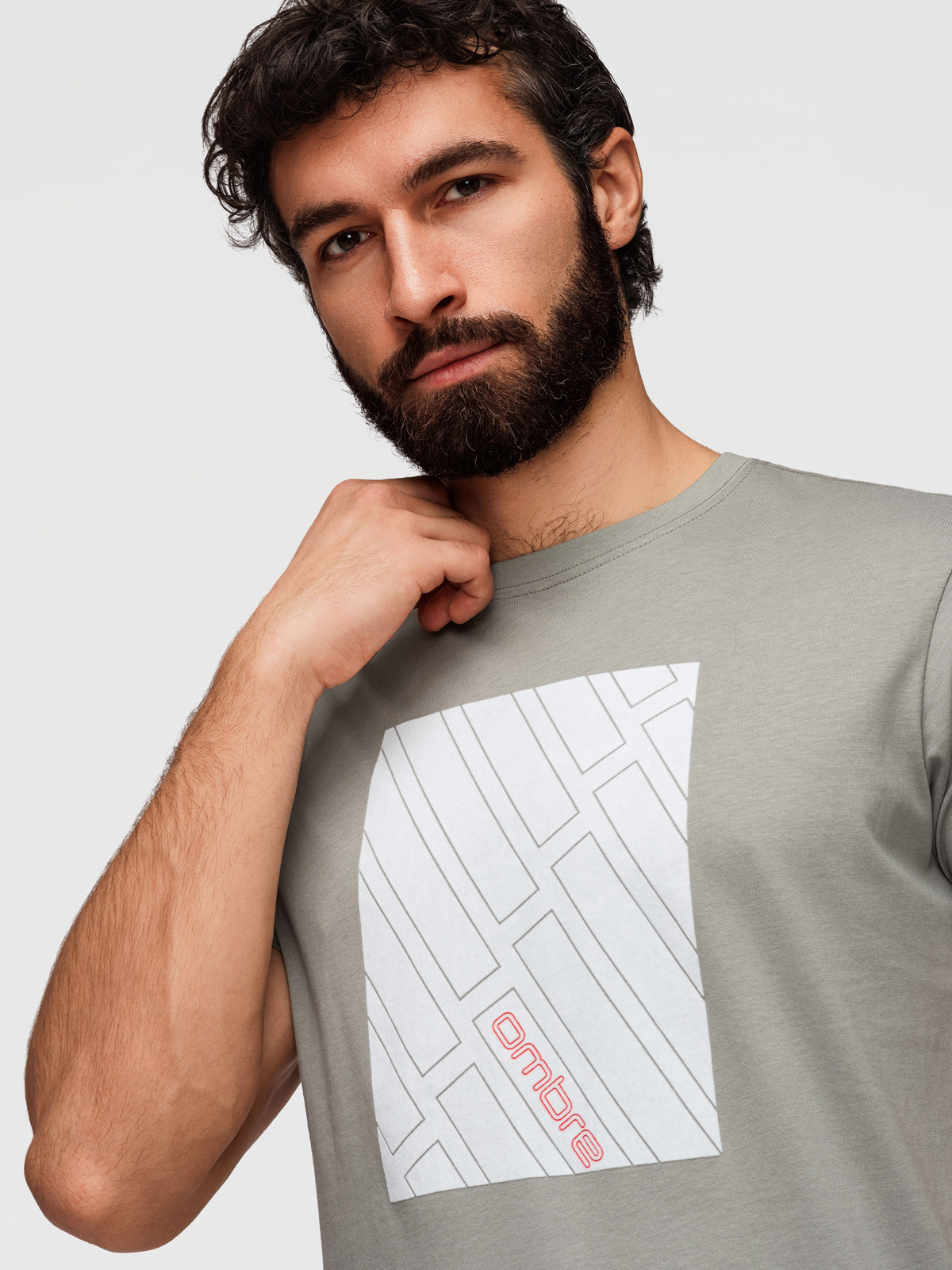 T-shirt męski bawełniany z geometrycznym nadrukiem - szary V3 - Rozmiar: L