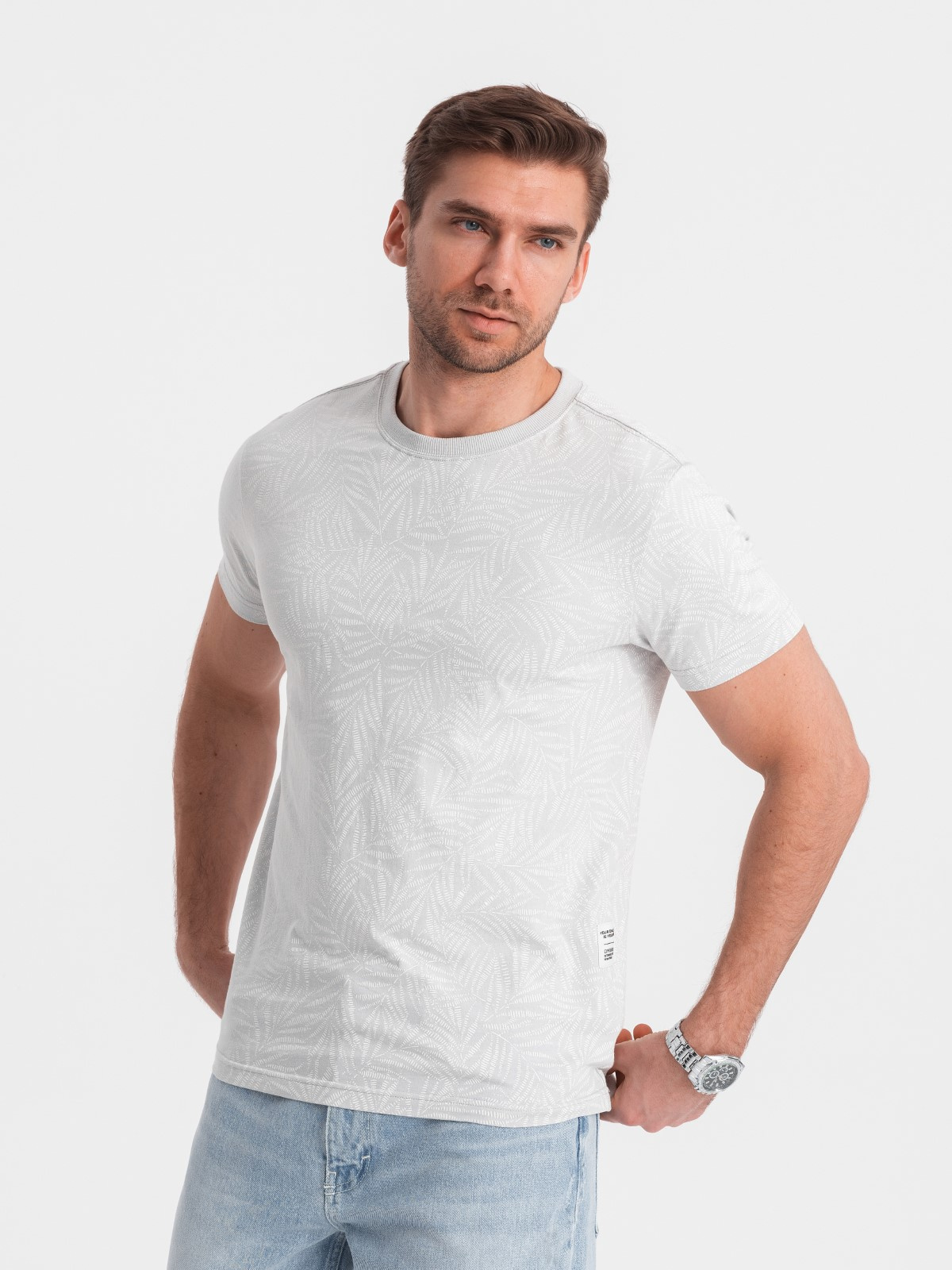 Męski t-shirt fullprint w liście palmy - szary V2 - Rozmiar: XL