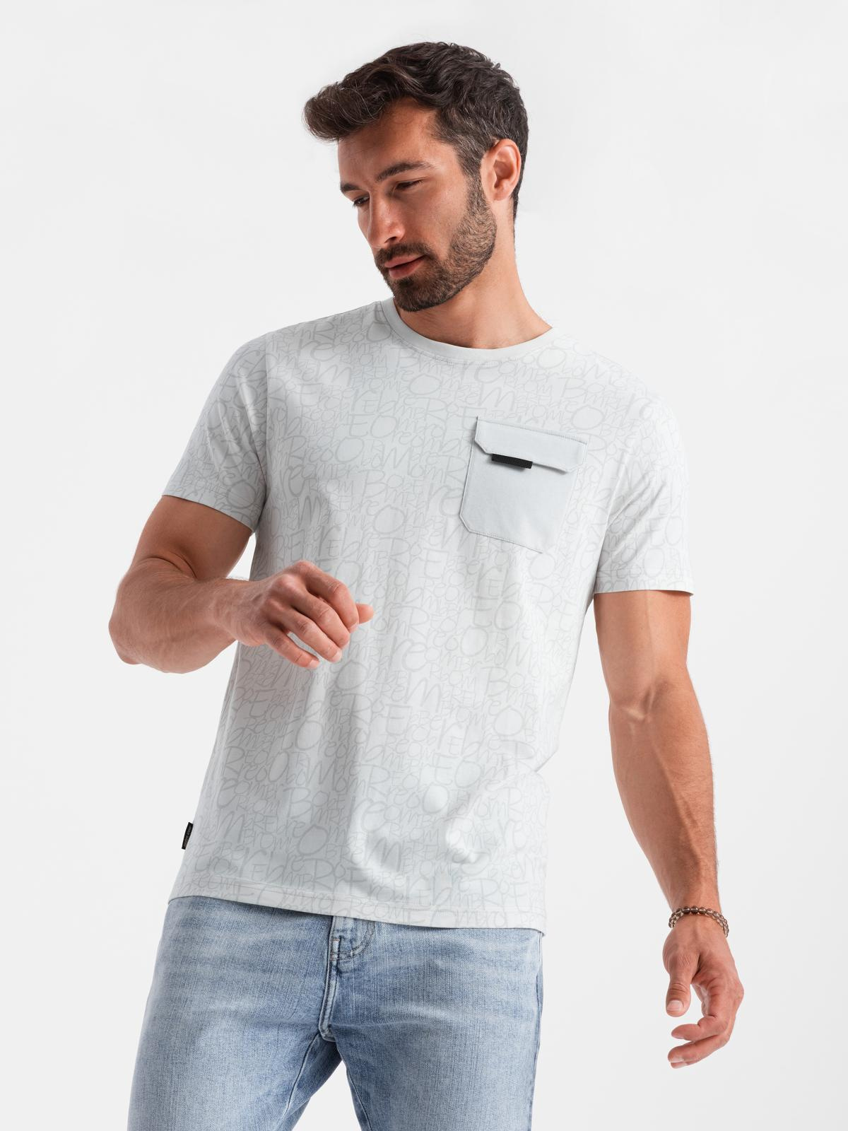 Bawełniany męski t-shirt z literowym printem i kieszonką – biało-szary V3 - Rozmiar: S