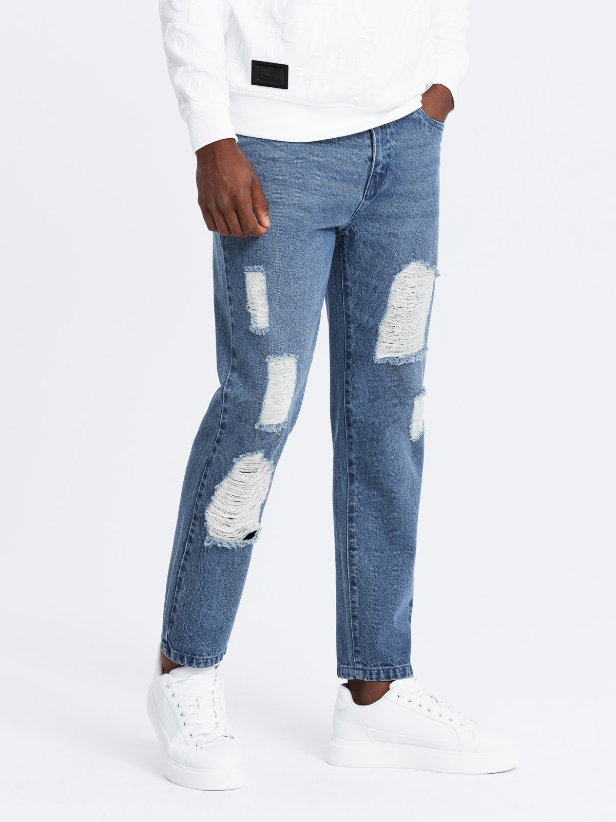 Męskie jeansowe spodnie TAPERED FIT z dziurami – ciemnoniebieskie V3