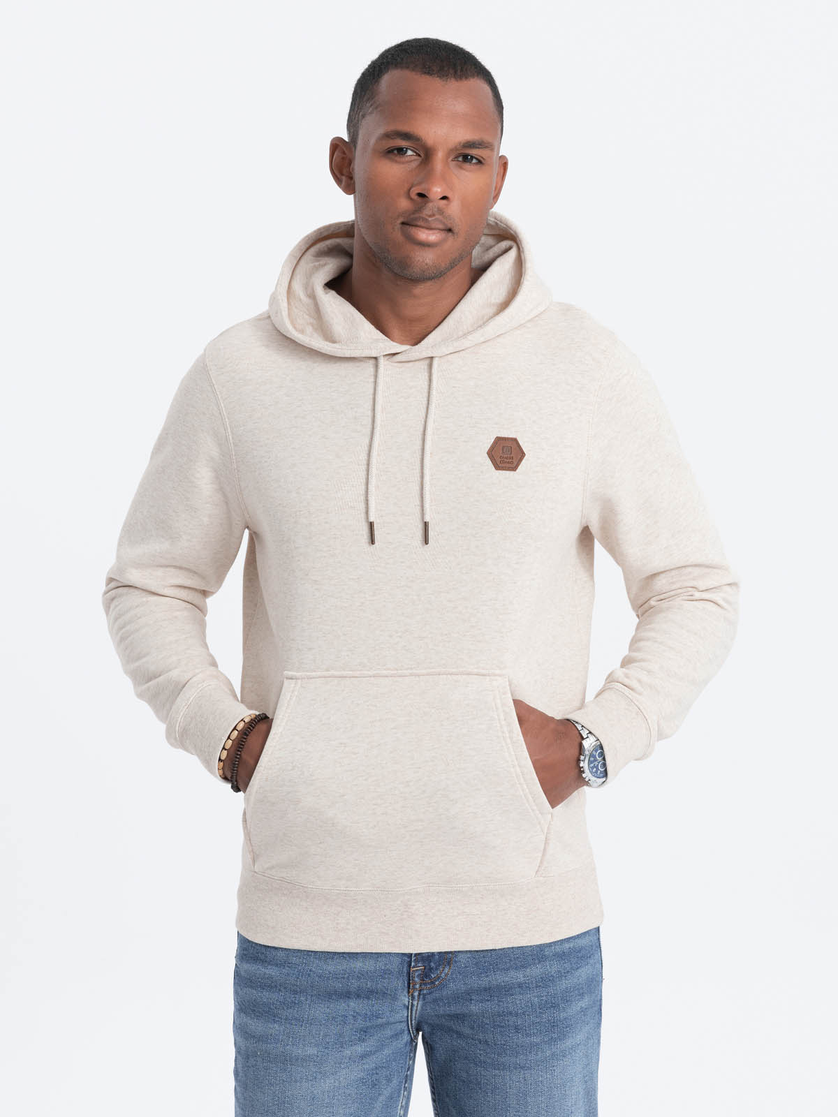 Bluza męska kangurka z kapturem - kremowa V1