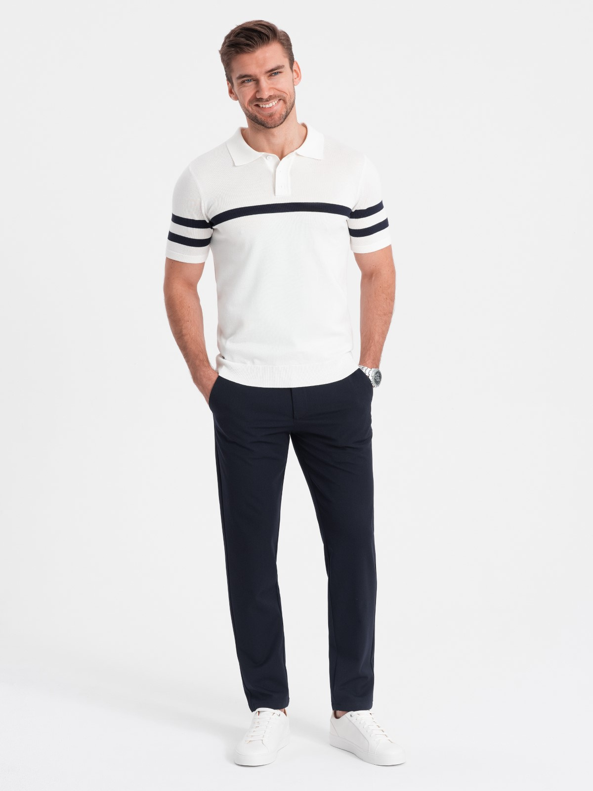Spodnie męskie eleganckie chino SLIM FIT - granatowe V3 - Rozmiar: XL