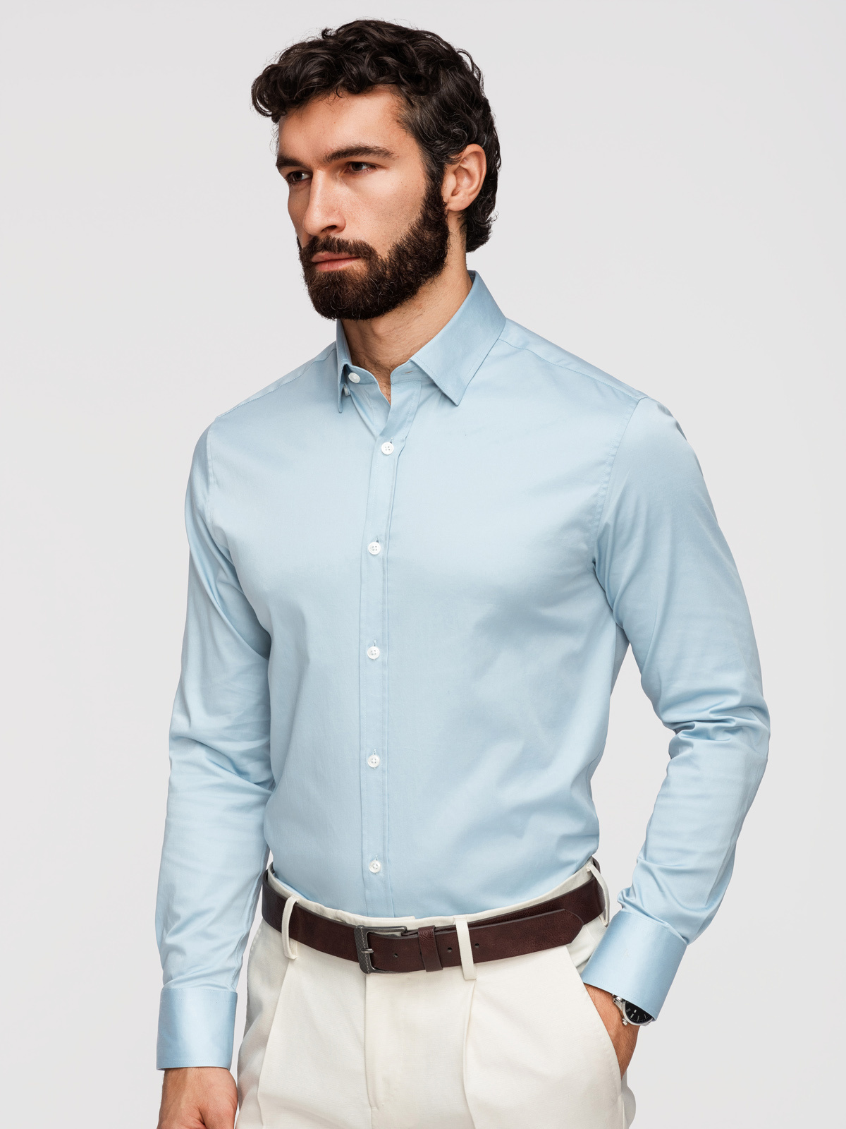 Klasyczna męska koszula SLIM FIT z satynowej tkaniny – niebieska V2 - Rozmiar: S