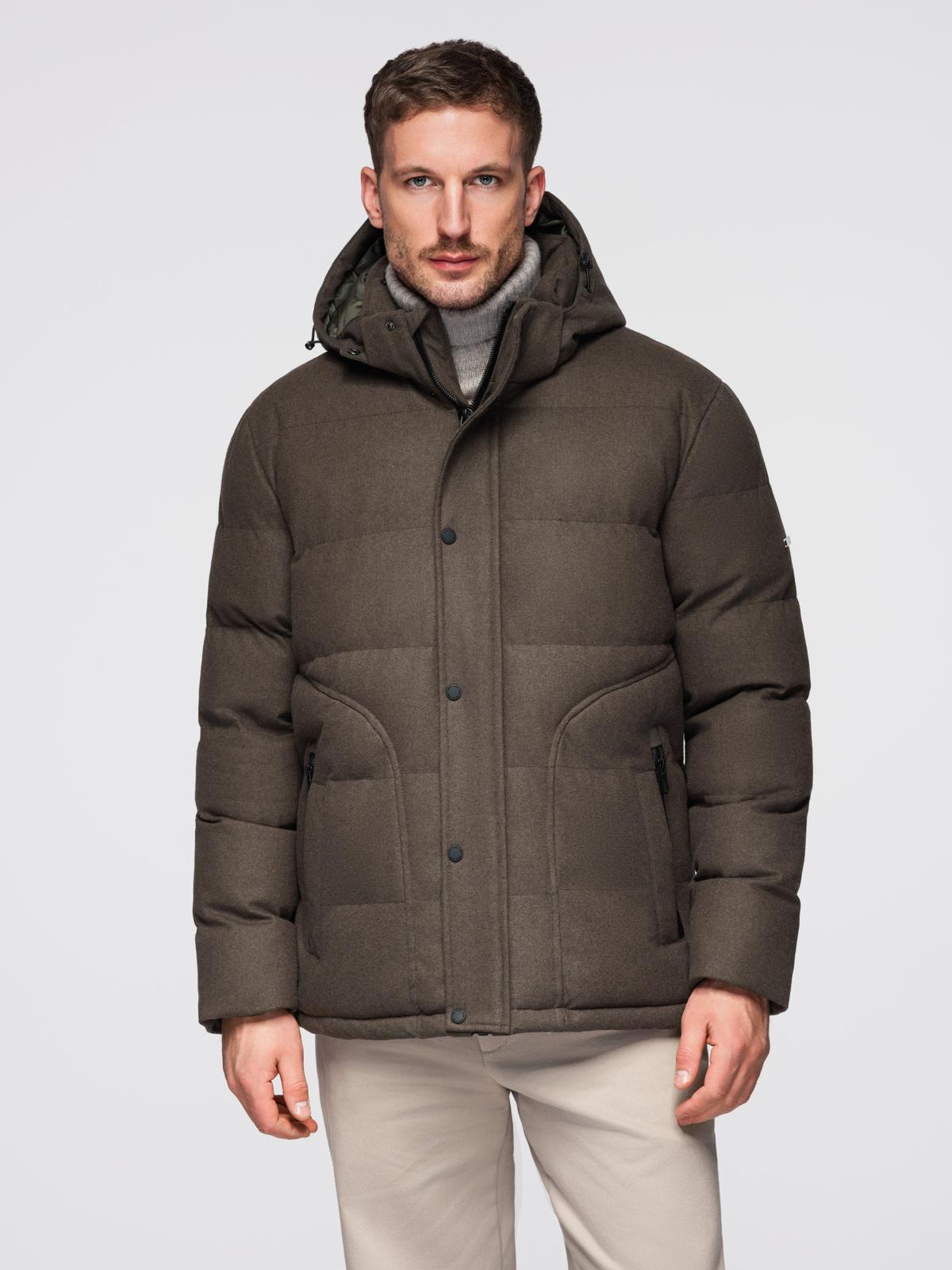 Męska kurtka casualowa puffer z wełną – ciemnooliwkowy melanż V4 - Rozmiar: L