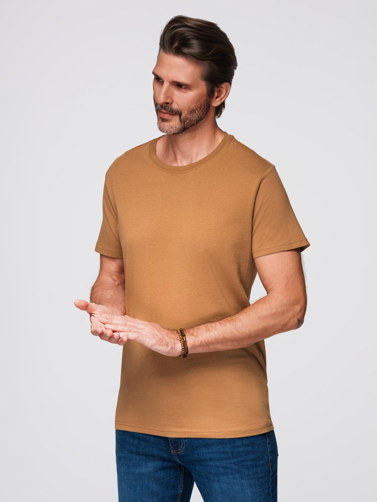 T-shirt męski klasyczny bawełniany BASIC - brązowy V21 - Rozmiar: M