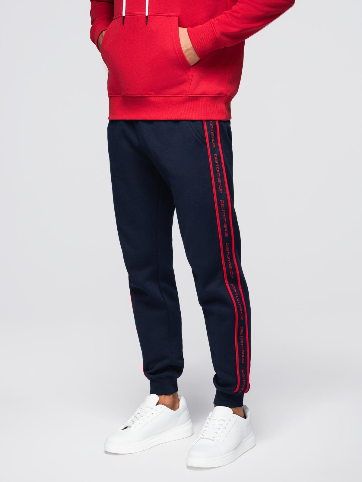 Sportowe spodnie męskie jogger z lampasami – granatowe V3 - Rozmiar: XL