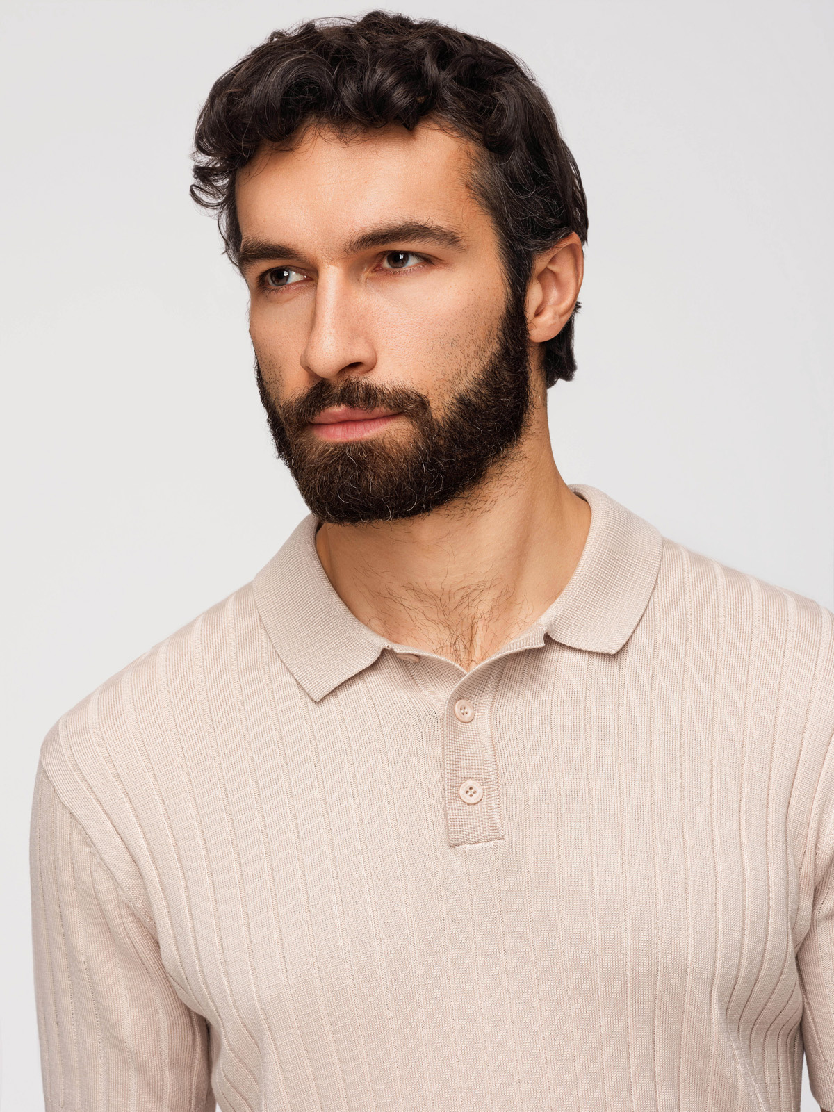 Koszulka męska polo z wiskozą SLIM FIT w pionowy prążek – beżowa V2 - Rozmiar: XXL