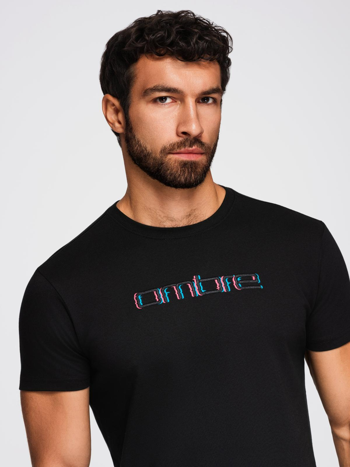 Męski t-shirt z haftem na klatce piersiowej – czarny V1 - Rozmiar: S