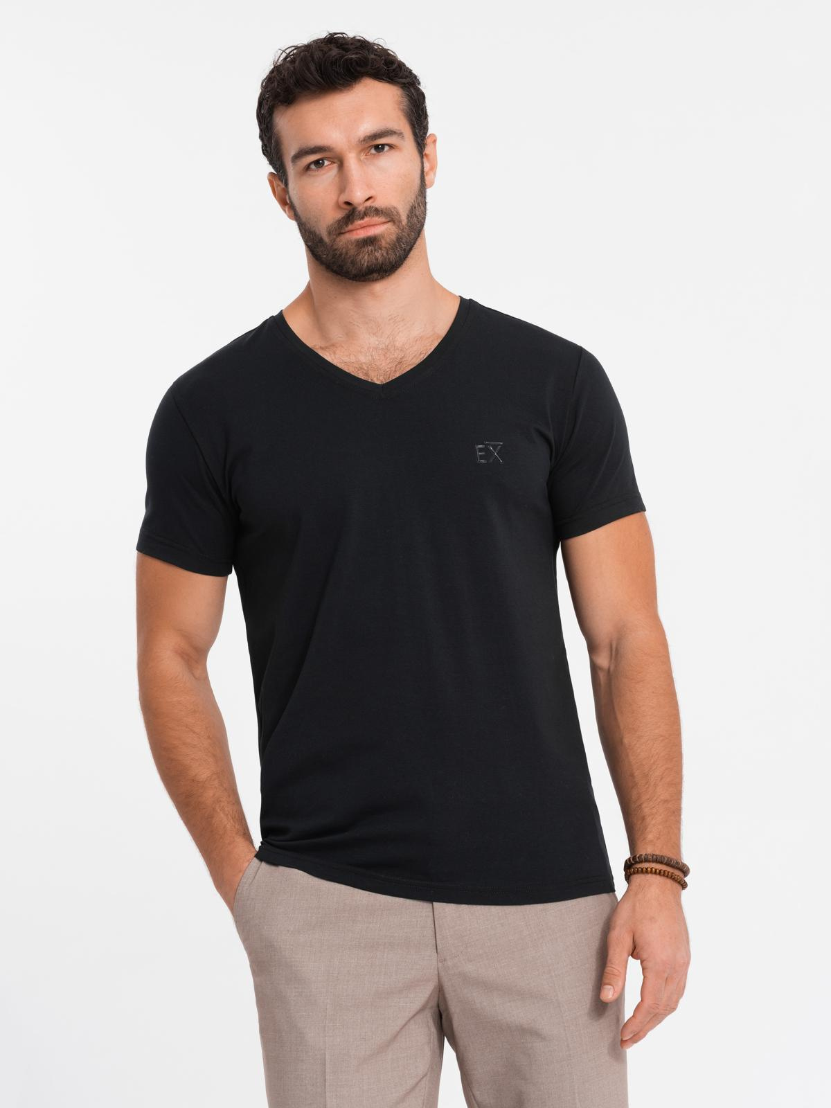 T-shirt męski V-neck SLIM FIT z elastanem i printem – czarny V1