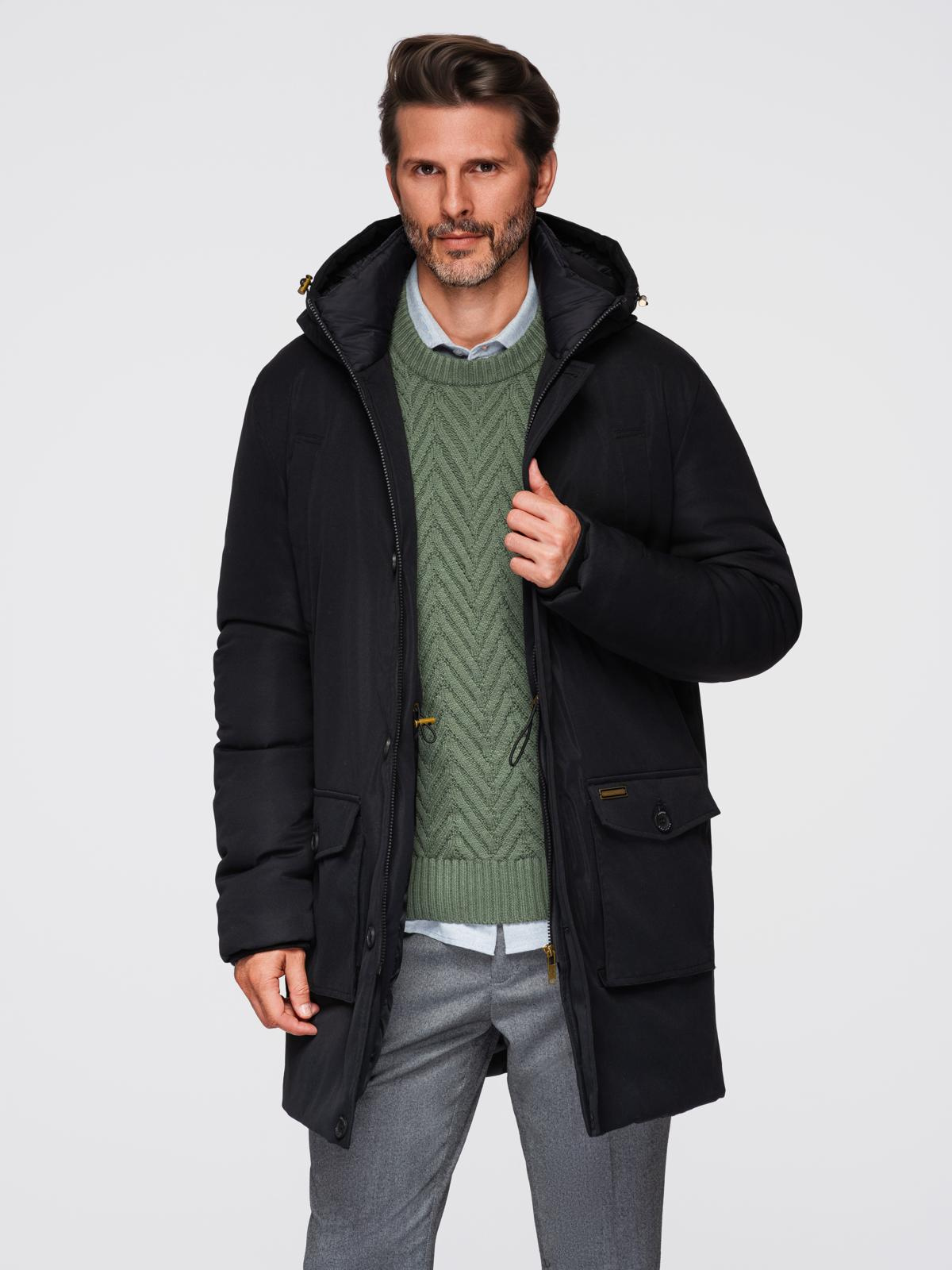 Elegancka parka męska z kieszeniami cargo i kapturem – czarna V1 - Rozmiar: M