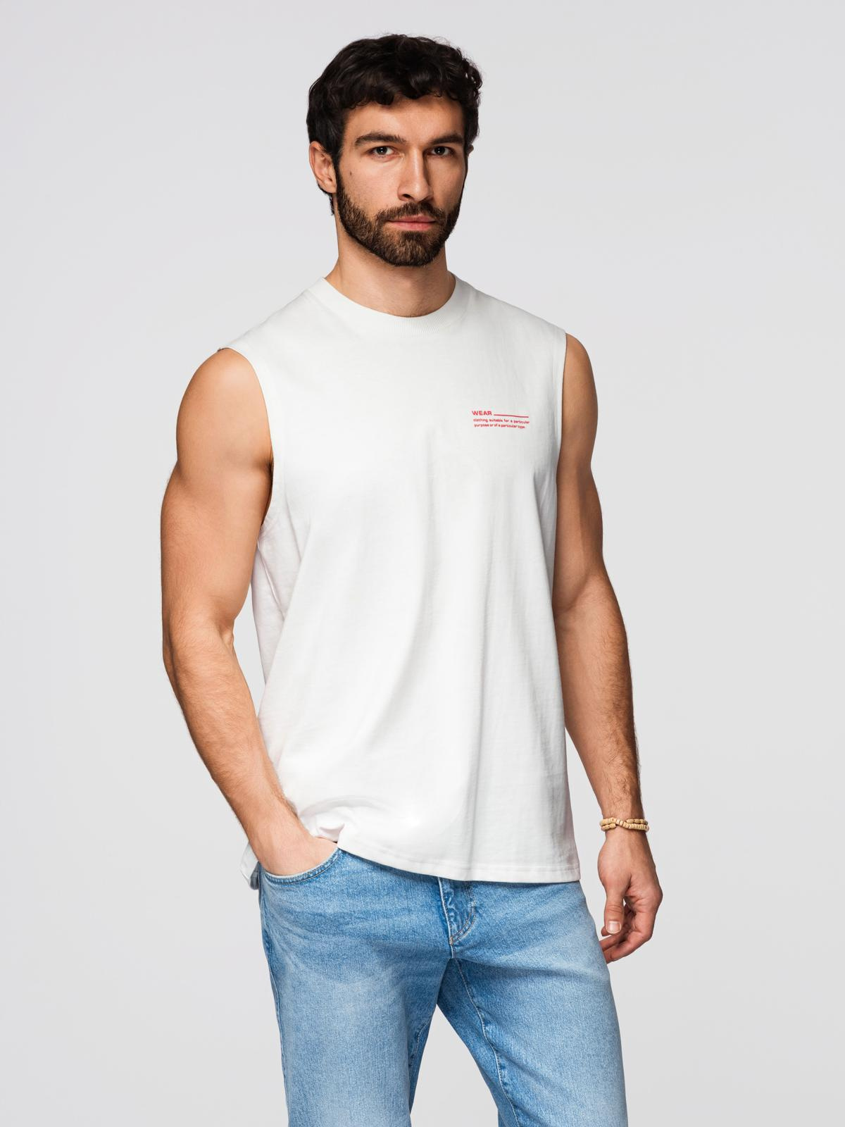 Męska bawełniana koszulka bez rękawów TANK TOP - biała V1 - Rozmiar: S