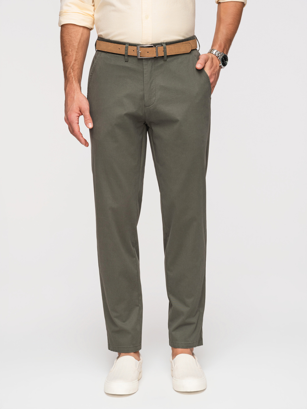 Jednolite męskie spodnie chino REGULAR FIT – khaki V3 - Rozmiar: XXL