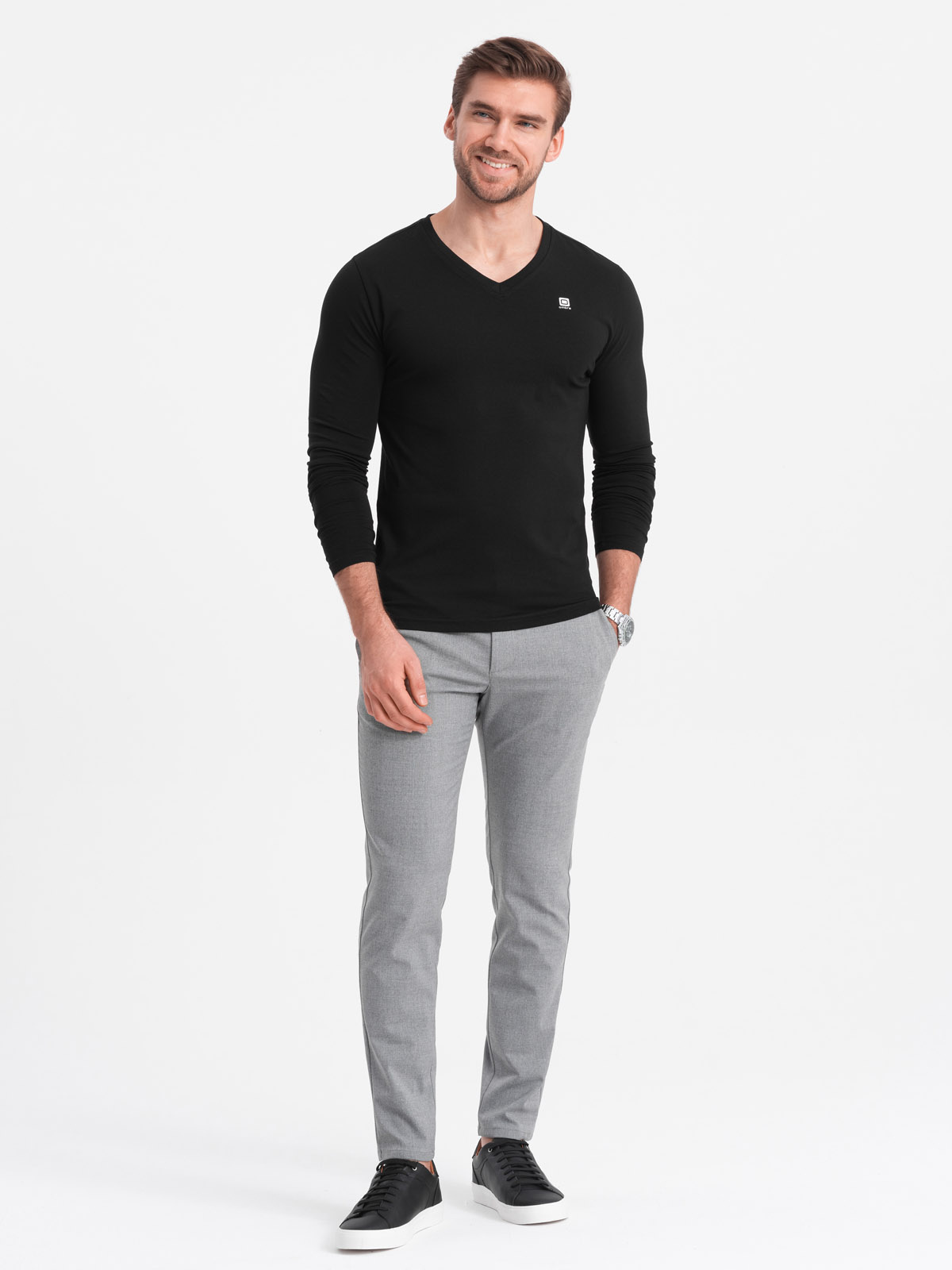Longsleeve męski z elastanem sygnowany z dekoltem w serek - czarny V3 - Rozmiar: XXL