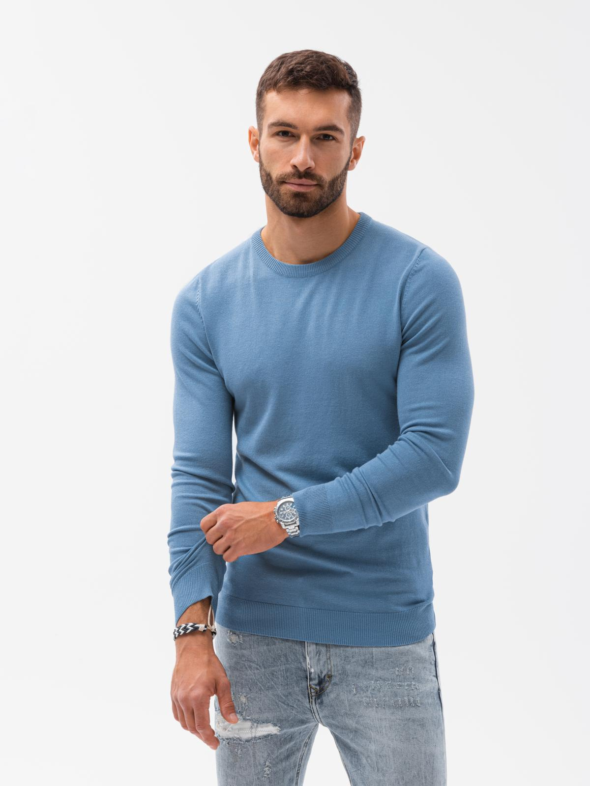 Sweter męski klasyczny z wiskozą BASIC z okrągłym dekoltem – błękitny V10 - Rozmiar: L