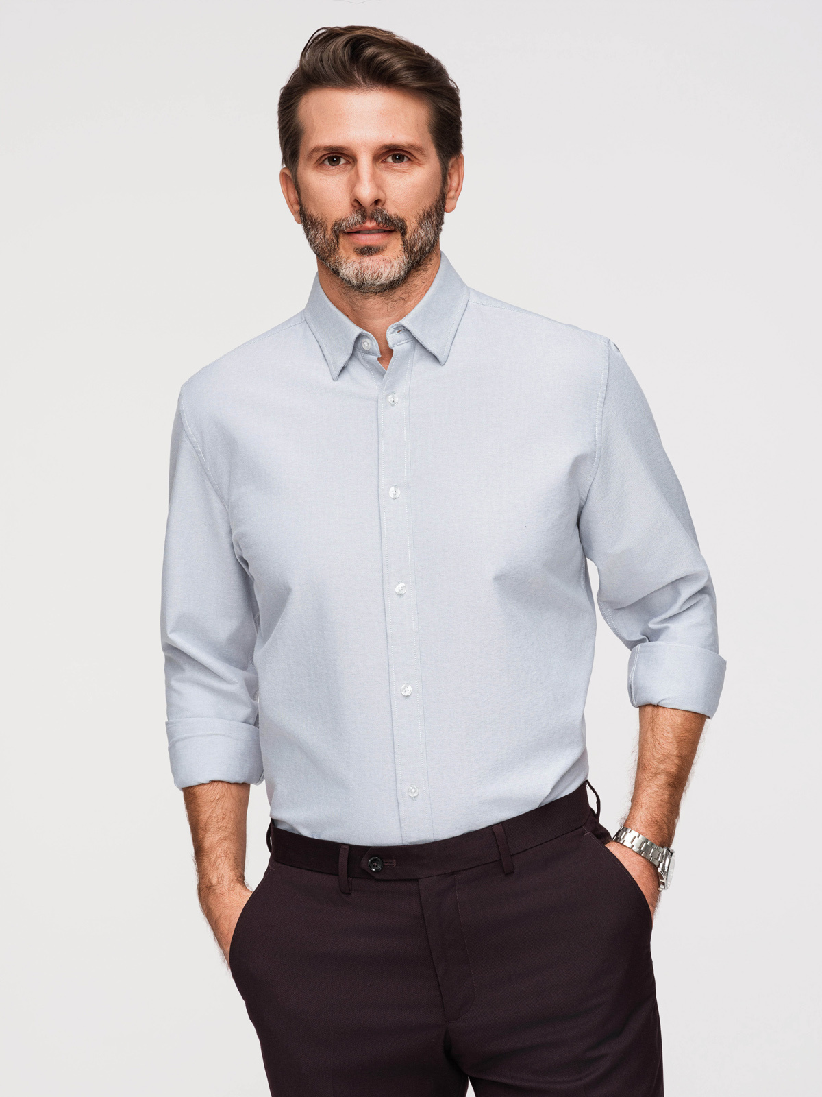 Elegancka męska koszula oxford z haftem – błękitna V1 - Rozmiar: XL