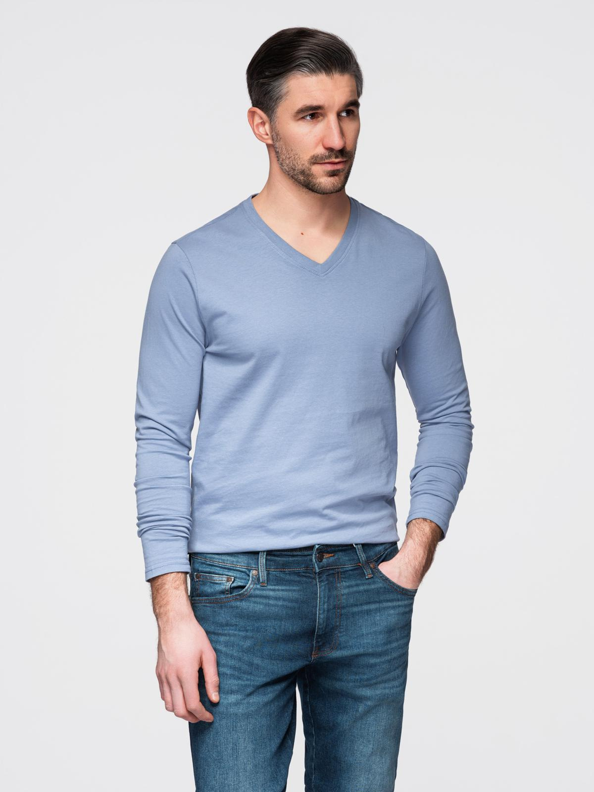 Męski longsleeve bez nadruku z dekoltem w serek - niebieski denim V9 - Rozmiar: XL