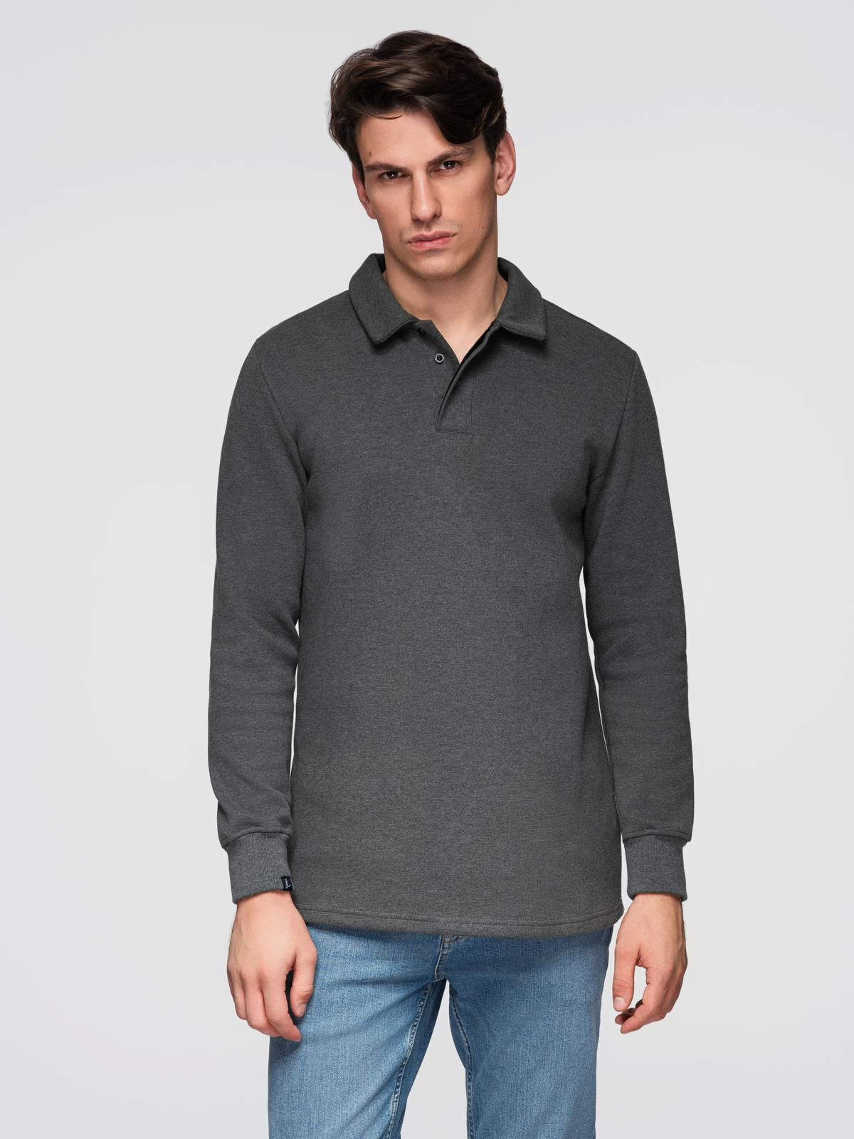 Bluza męska z kołnierzykiem polo ze strukturalnej dzianiny - grafitowy melanż V1 - Rozmiar: XL