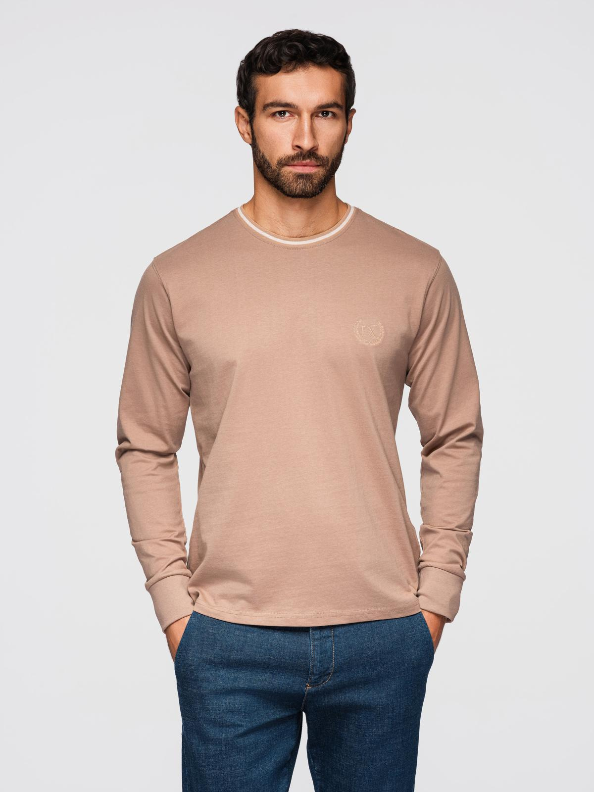 Longsleeve bawełniany męski z dekoltem U w paski i haftem – brązowy V6 - Rozmiar: S