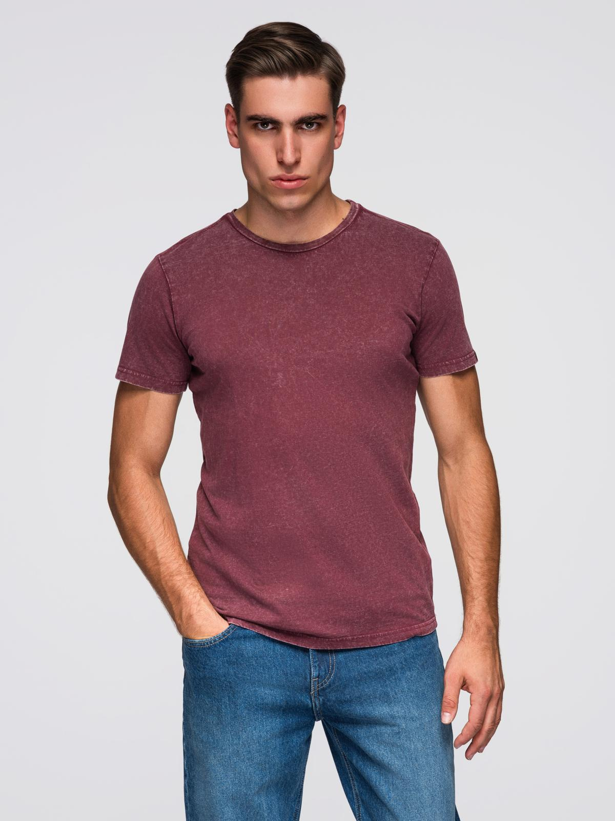 T-shirt męski z efektem sprania – burgundowy V3 - Rozmiar: M