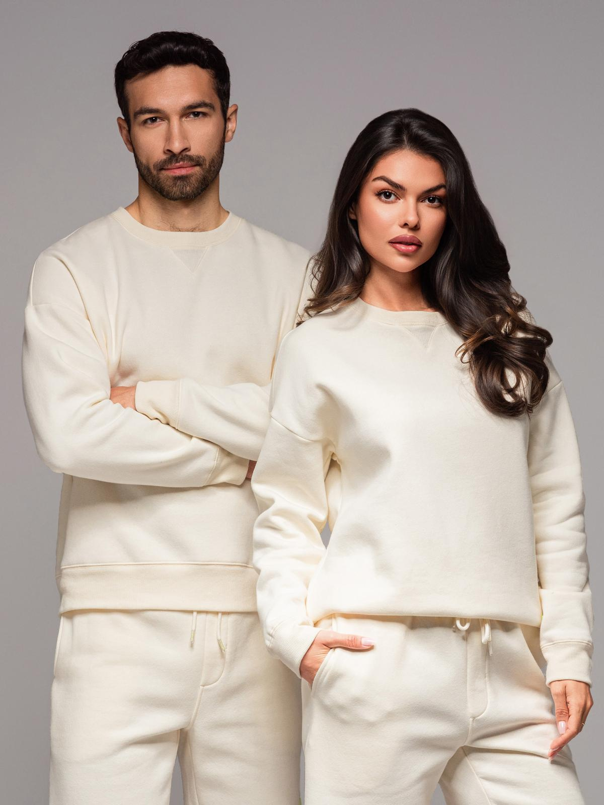Klasyczna bluza dresowa unisex z okrągłym dekoltem – kremowa V2 - Rozmiar: M/L