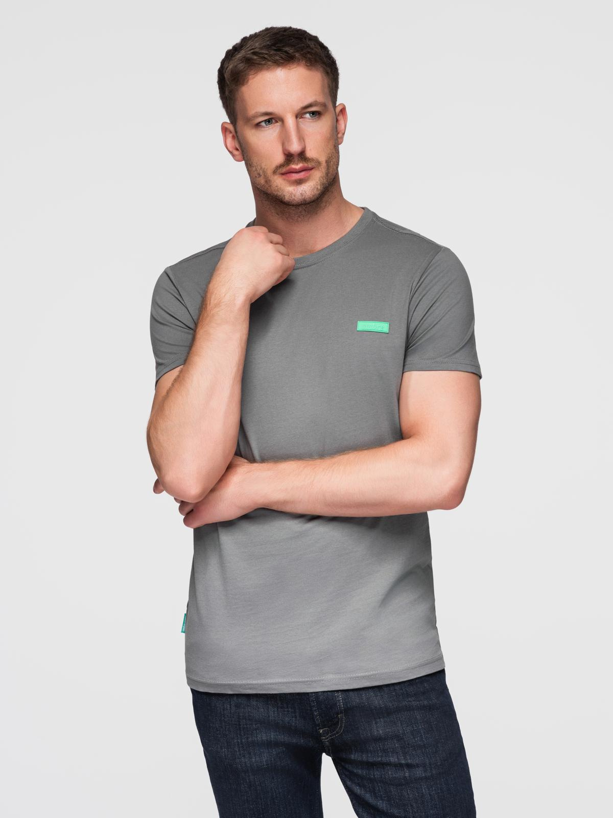 Bawełniany męski t-shirt z zieloną naszywką na piersi – szary V1 - Rozmiar: L