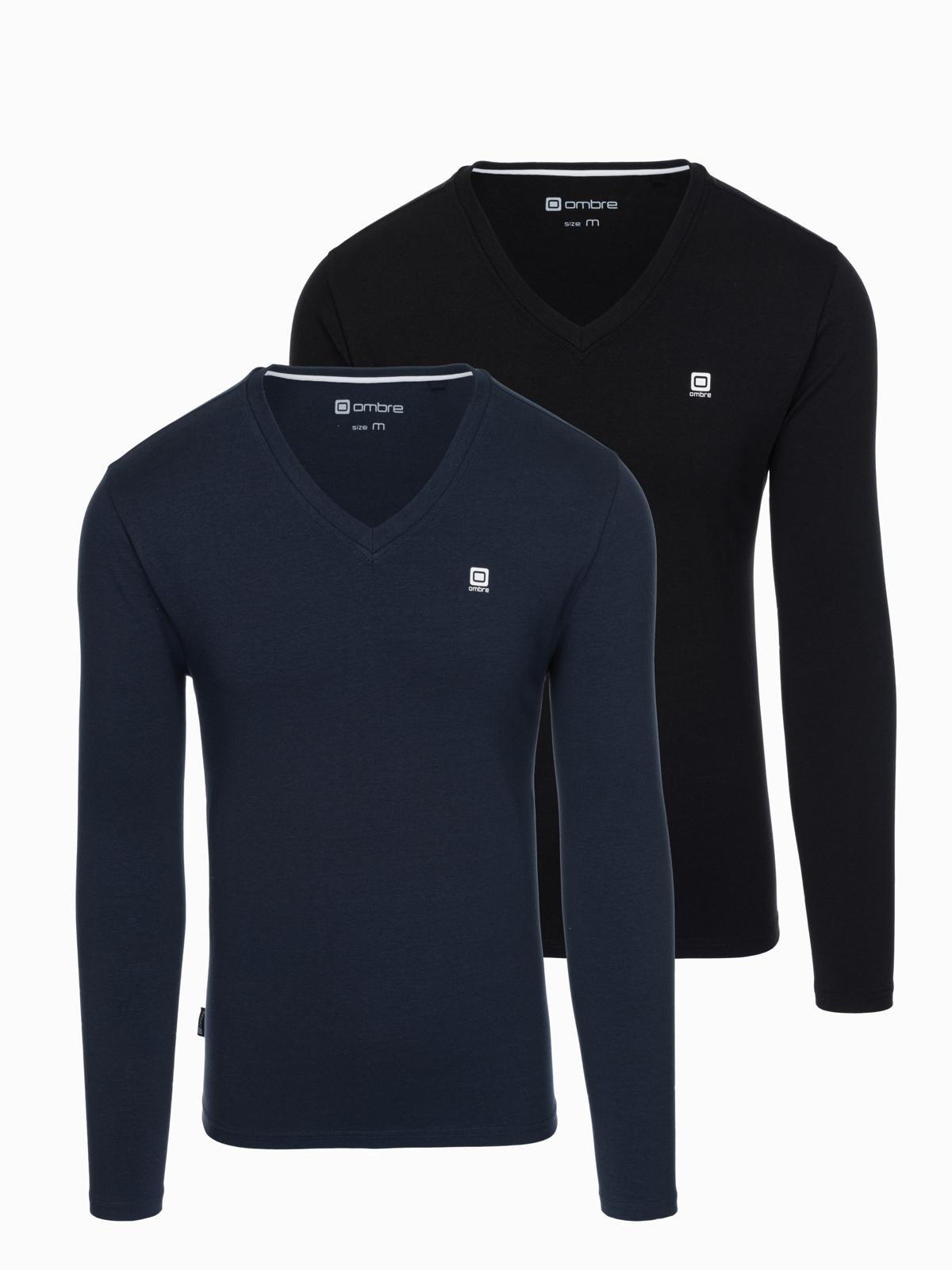 Komplet męskich longsleeve'ów SLIM FIT z dekoltem typu V i logotypem 2-pak – mix granatowy/czarny V3 - Rozmiar: XL
