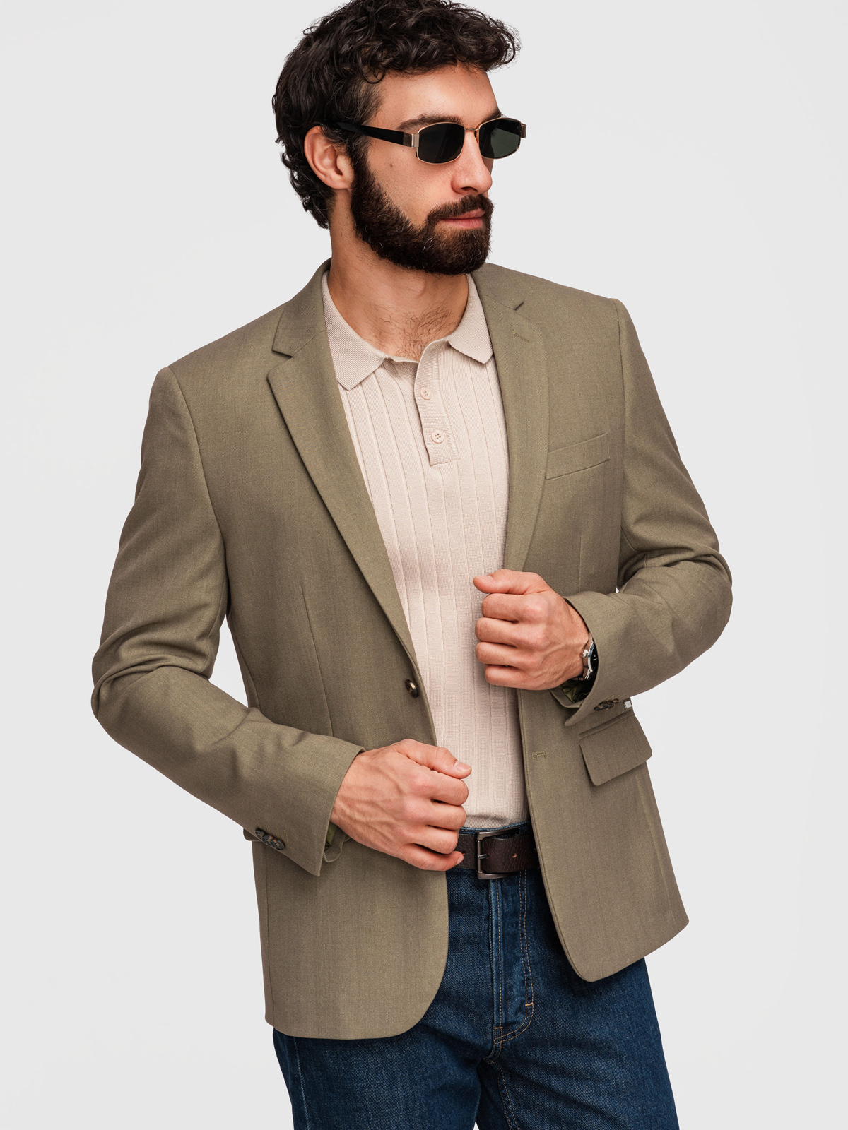 Męska elegancka marynarka SLIM FIT z rayonem – oliwkowa V5