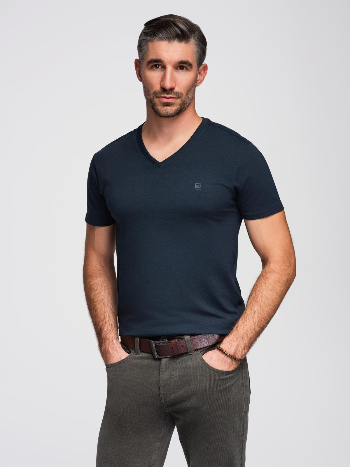 T-shirt męski V-NECK z elastanem - granatowy V2 - Rozmiar: XL