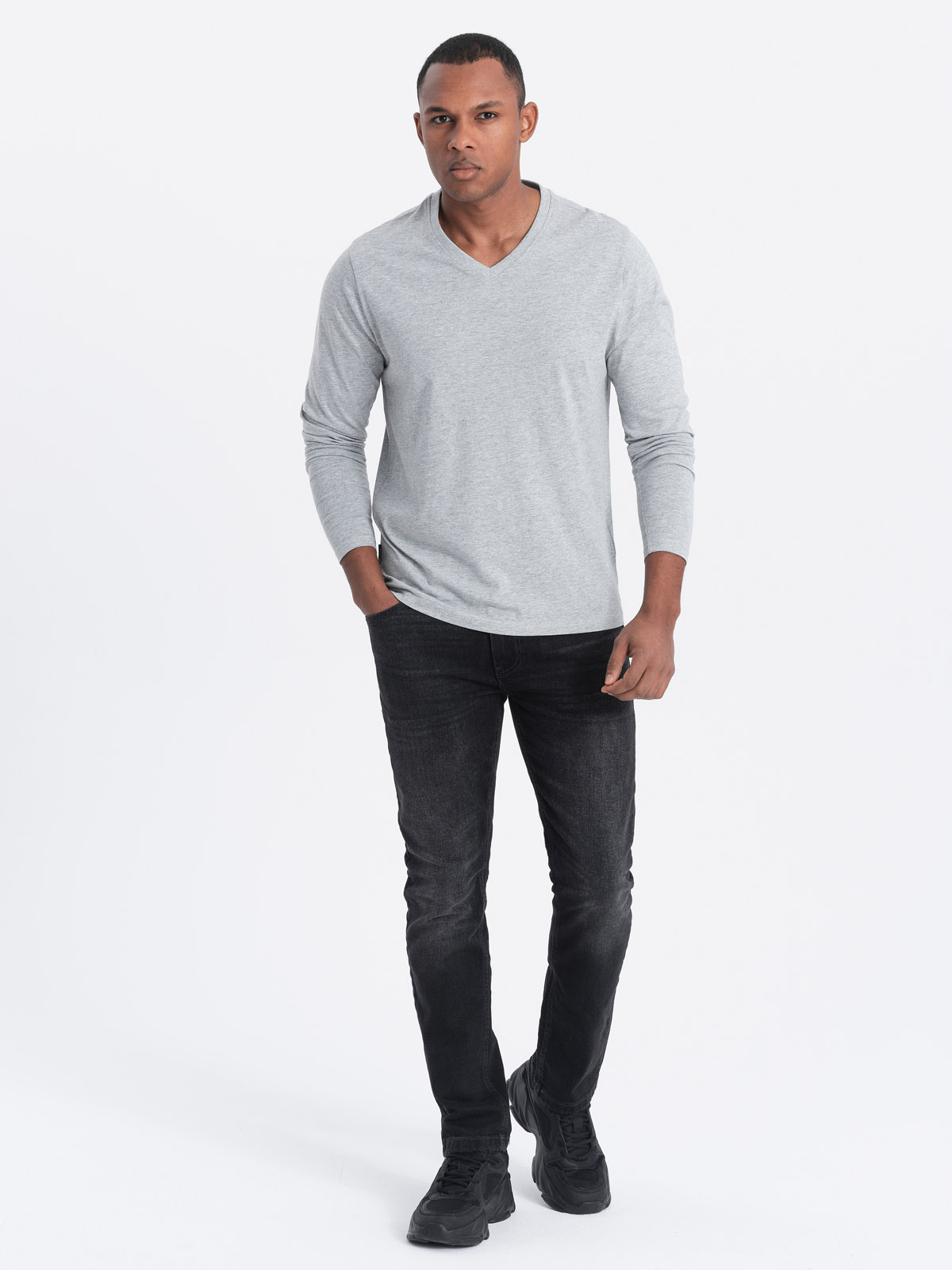Męski longsleeve bez nadruku z dekoltem w serek - szary melanż V7 - Rozmiar: XXL