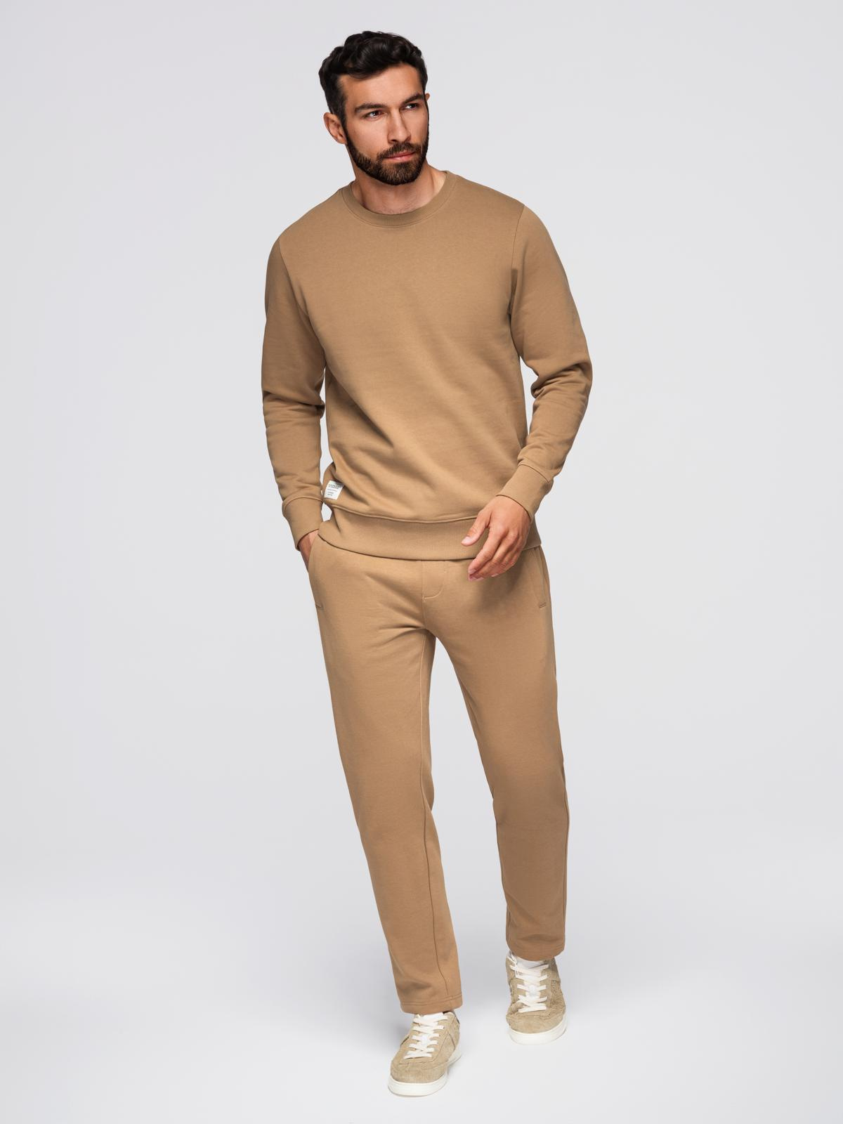 Komplet dresowy męski set bluza z okrągłym dekoltem + spodnie regular fit - camel V2 - Rozmiar: XXL