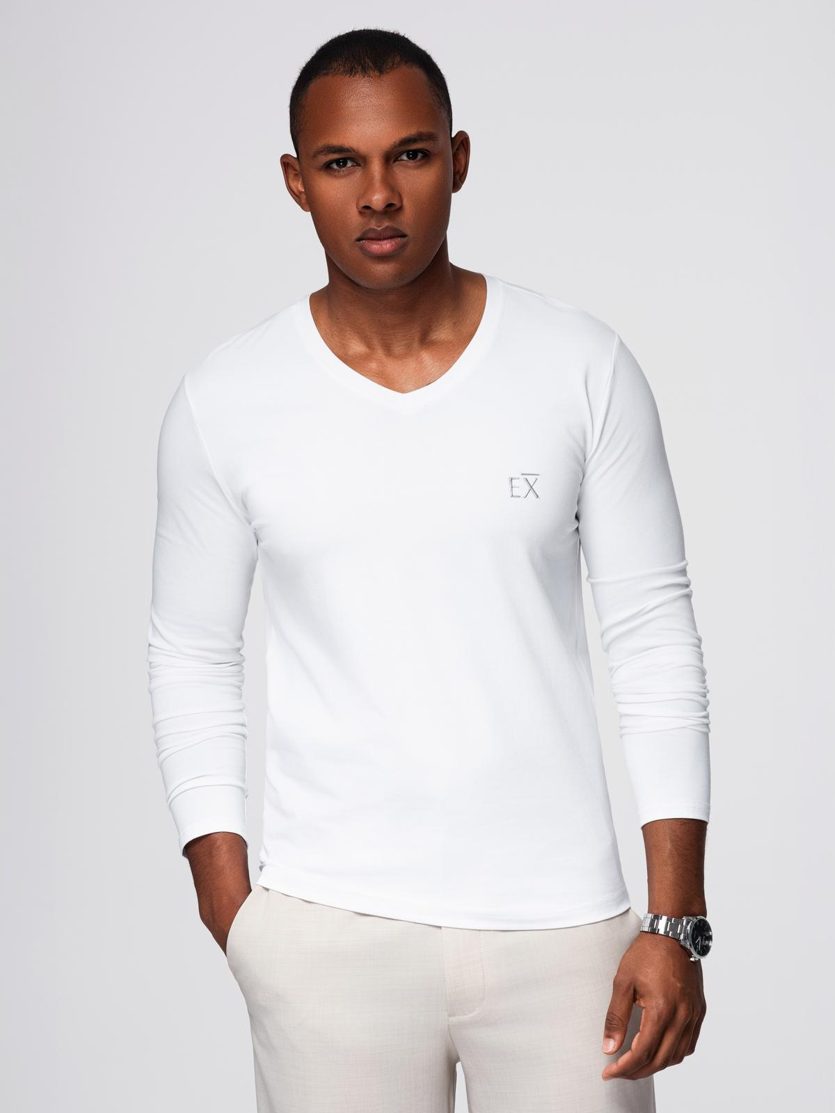 Męski longsleeve V-neck SLIM FIT z elastanem i printem – biały V2 - Rozmiar: S