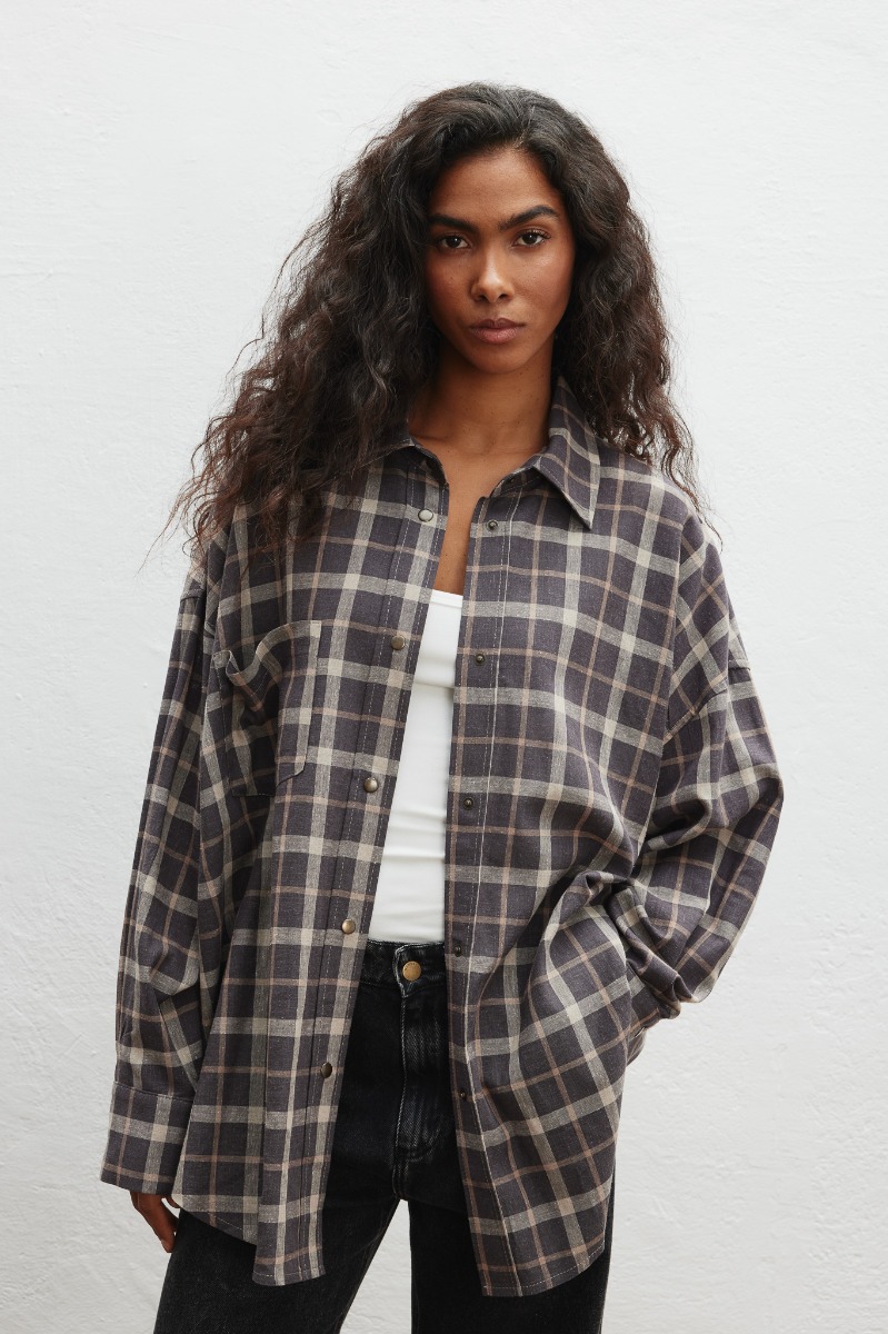 Koszula typu oversize w kratę w kolorze BRĄZOWYM - Marsala