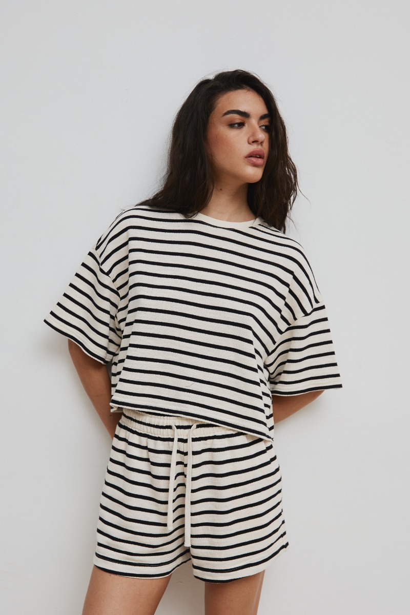 Tshirt z dzianiny bawełnianej w paski BLACK & BEIGE - Marsala