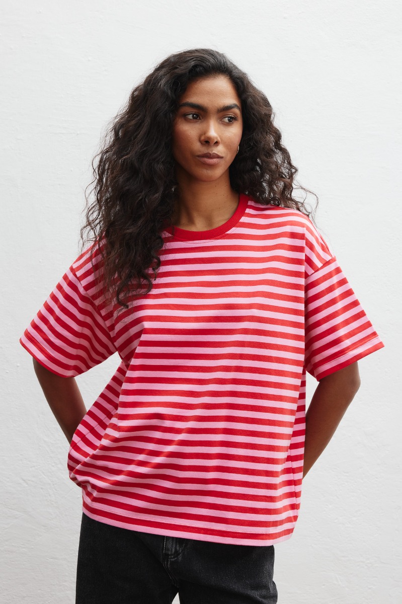 Klasyczny Tshirt w paski CZERWONO RÓŻOWE - Marsala