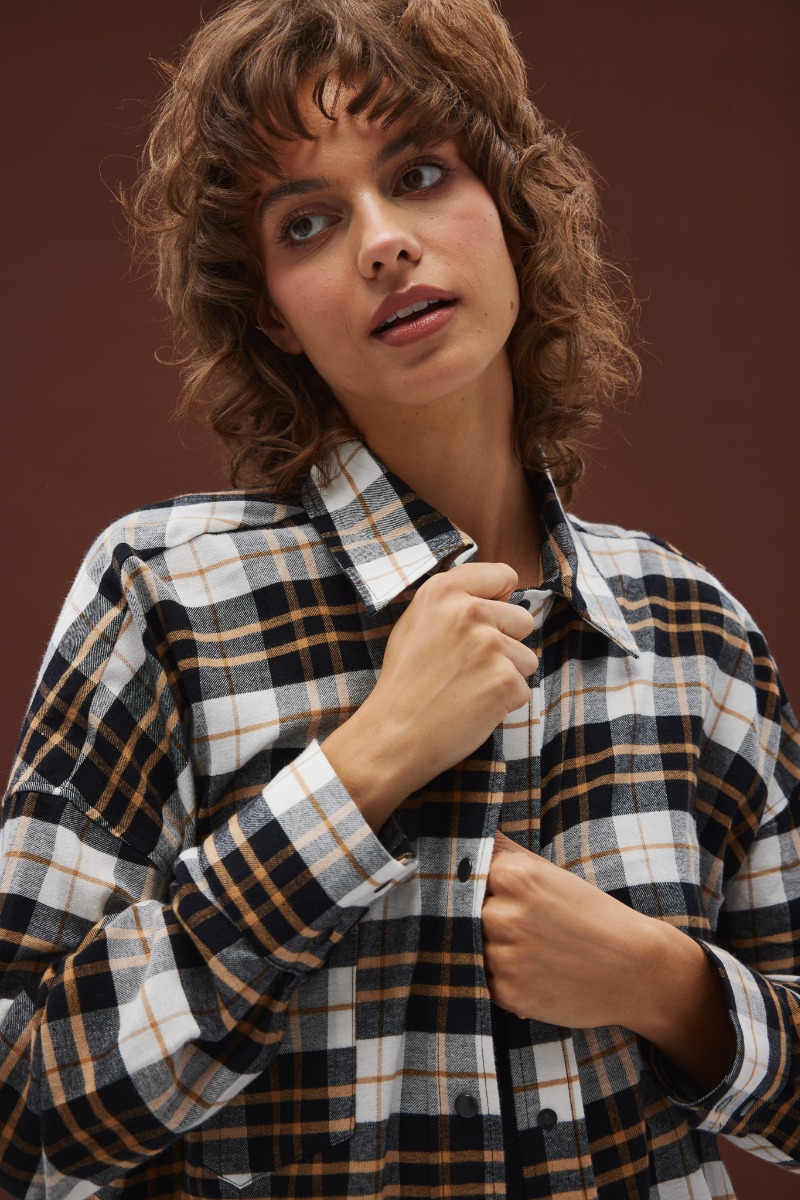 Koszula typu oversize w kratę CZARNO BEŻOWĄ - Marsala