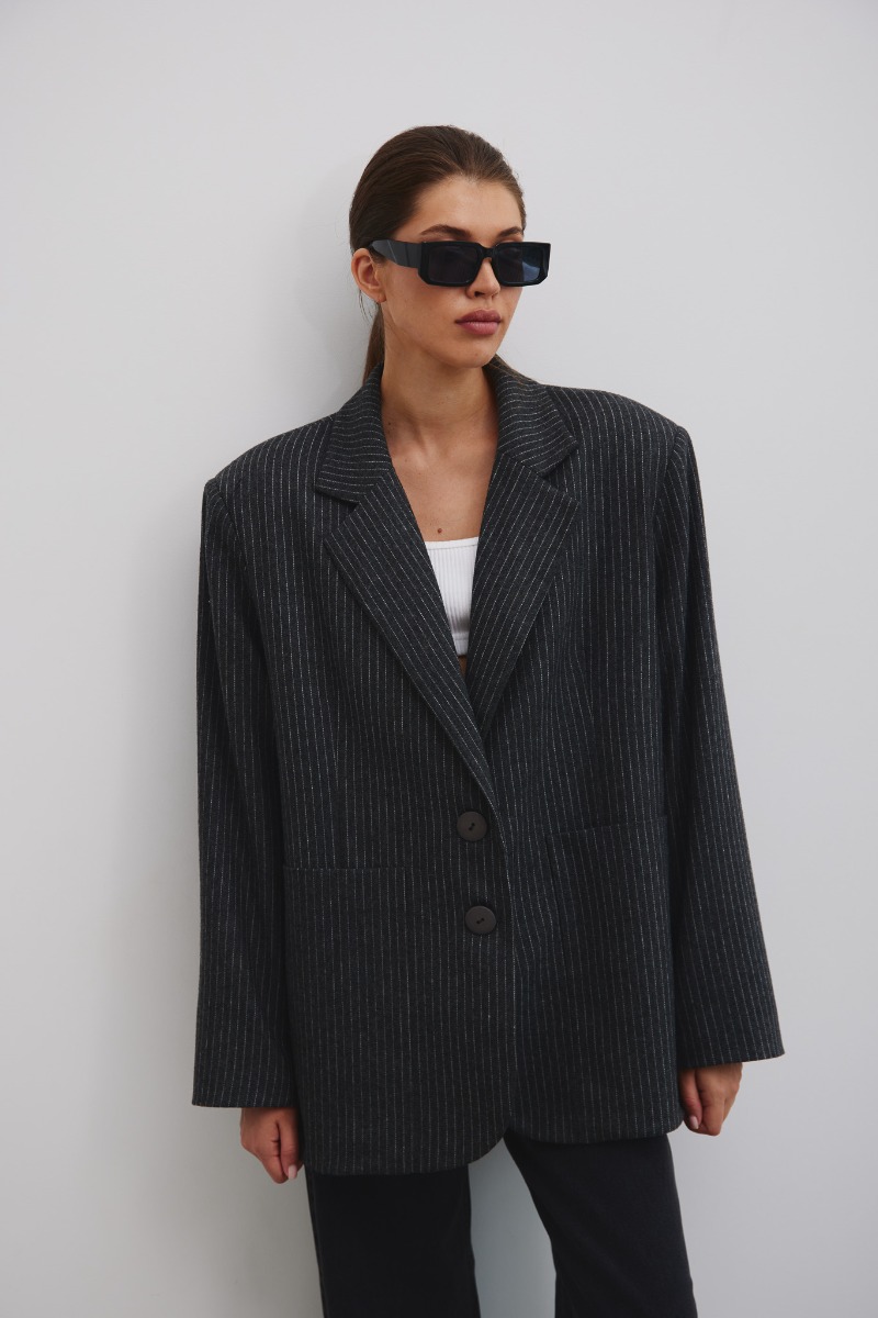 Wełniana marynarka w paski   w kolorze GRAPHITE - Marsala