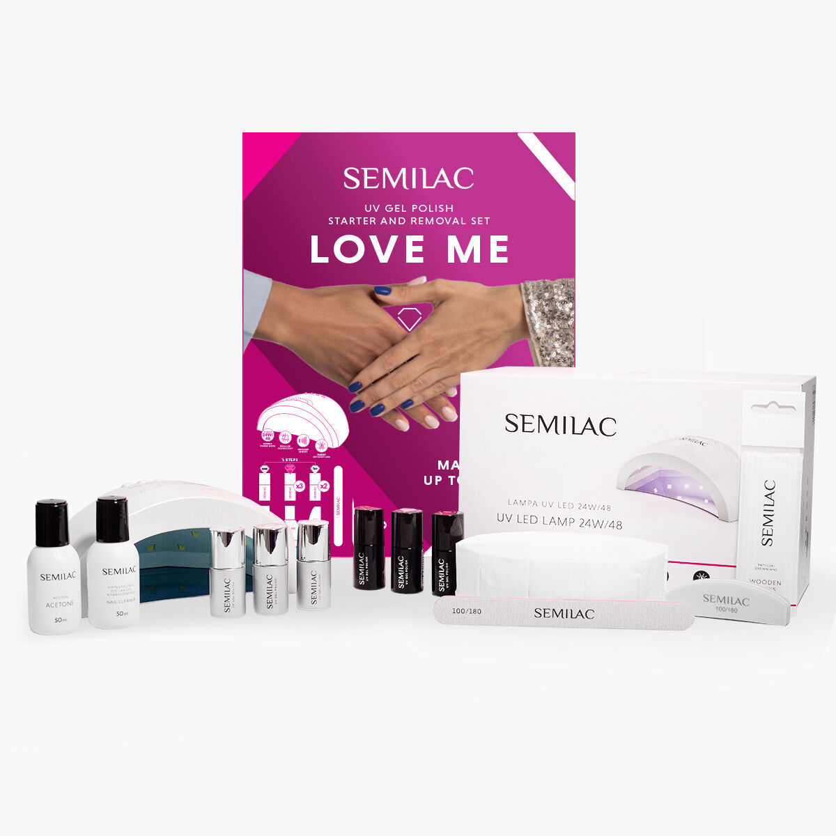 Semilac Zestaw do hybryd LOVE ME 24W/48 UV LED z 3 kolorami do wyboru
