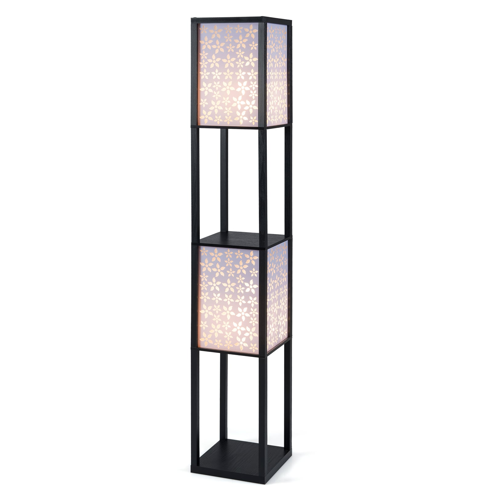 Lampa podłogowa z drewnianymi półkami