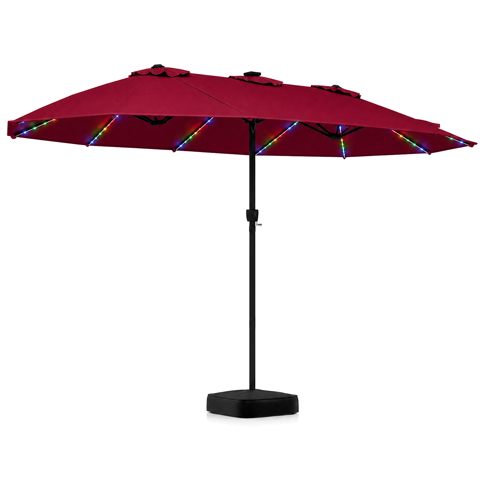 Podwójny parasol ogrodowy z podstawą i solarnymi lampkami LED